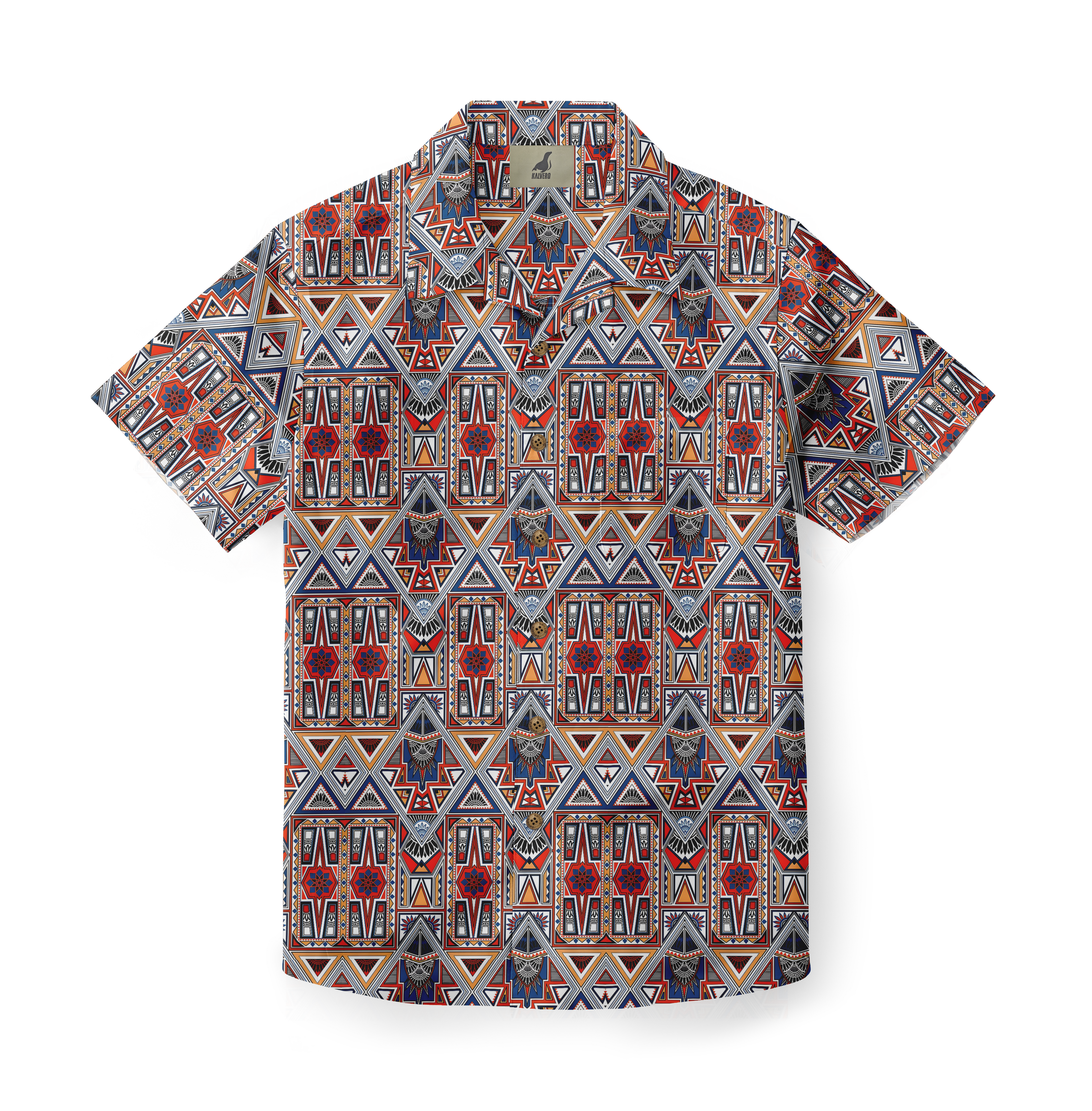 Colorful geometric patterned short-sleeve shirt.
