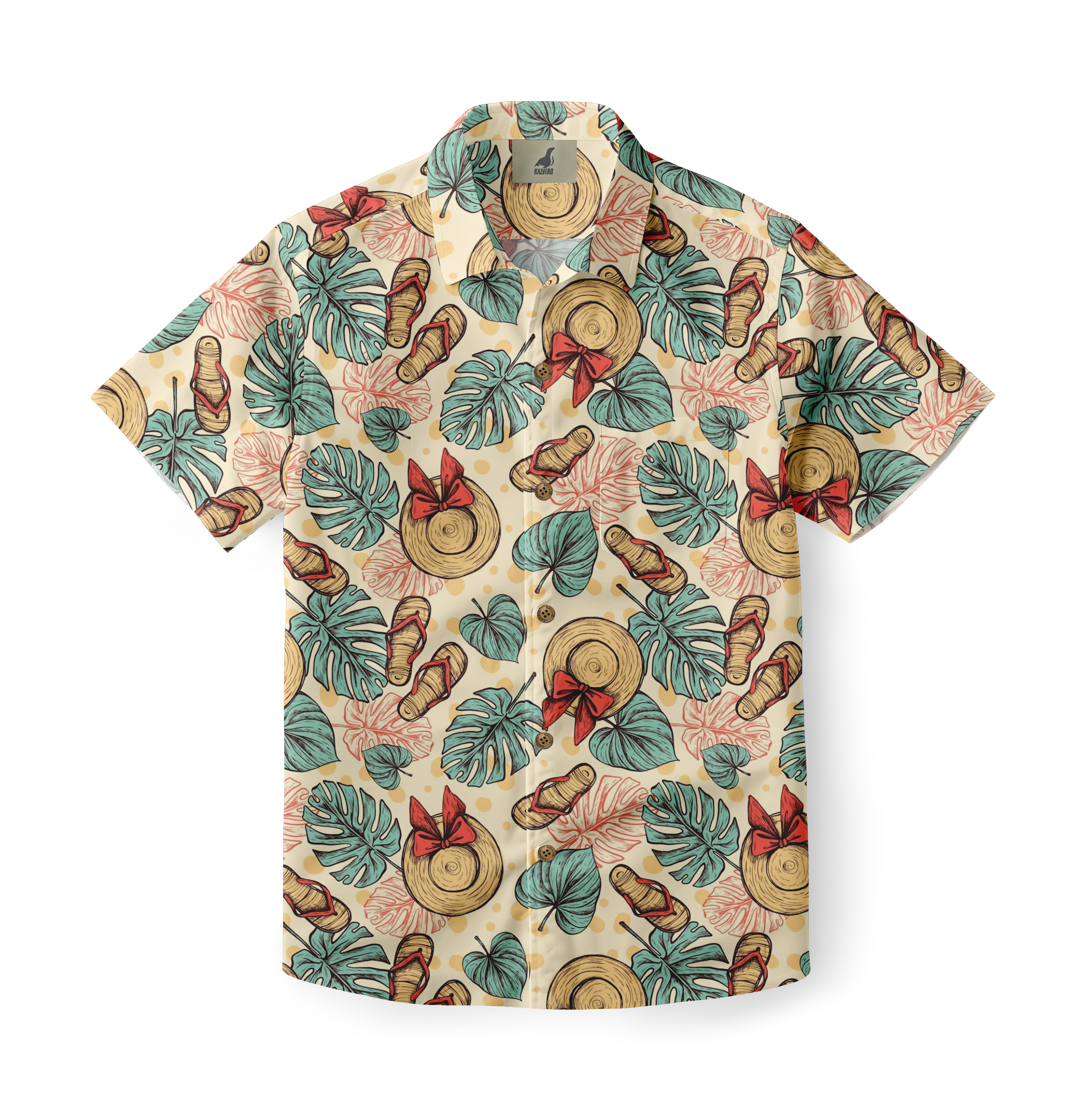Beige shirt with green leaves, red bows, and sandals pattern.