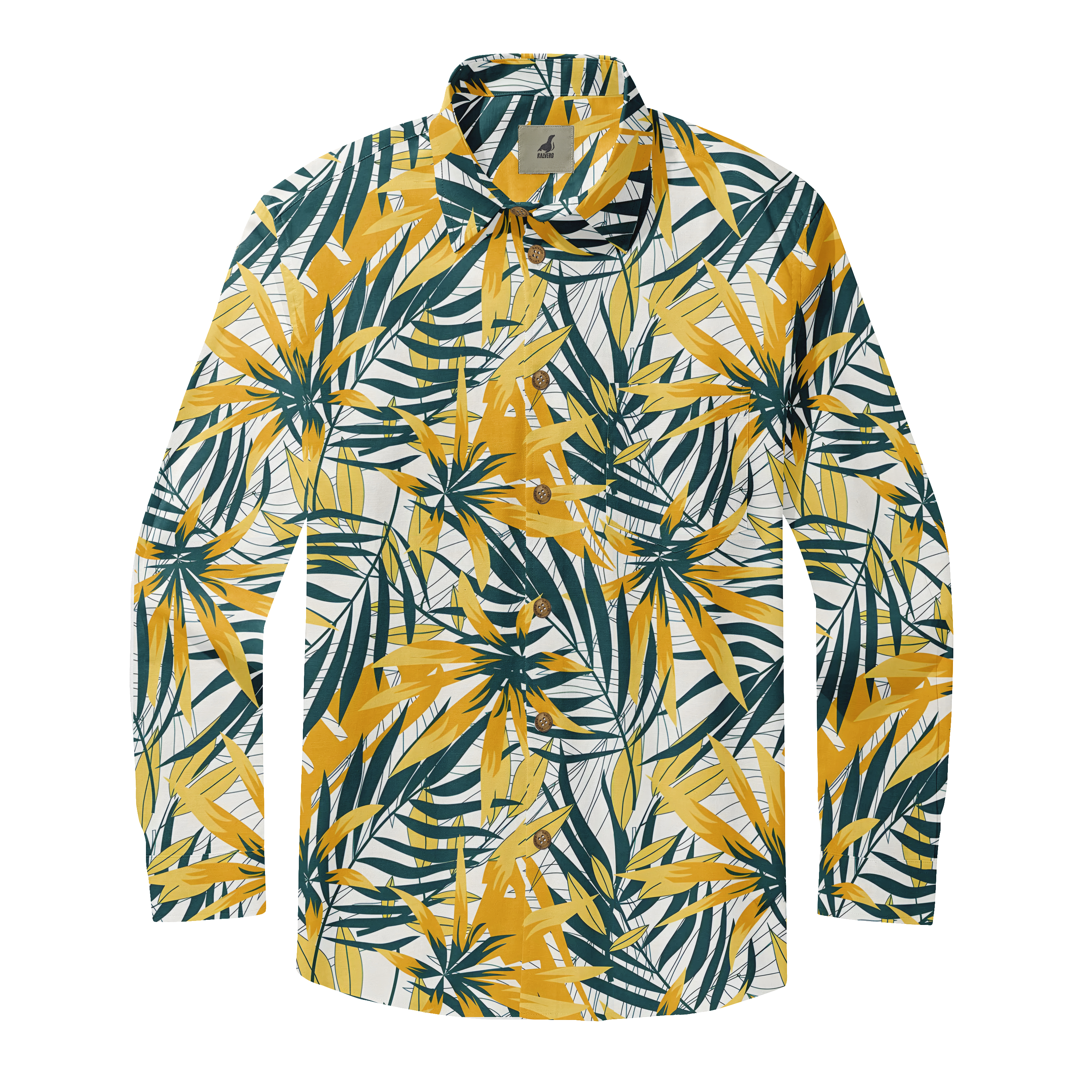 Tropical leaf-patterned shirt with yellow and green foliage on white.