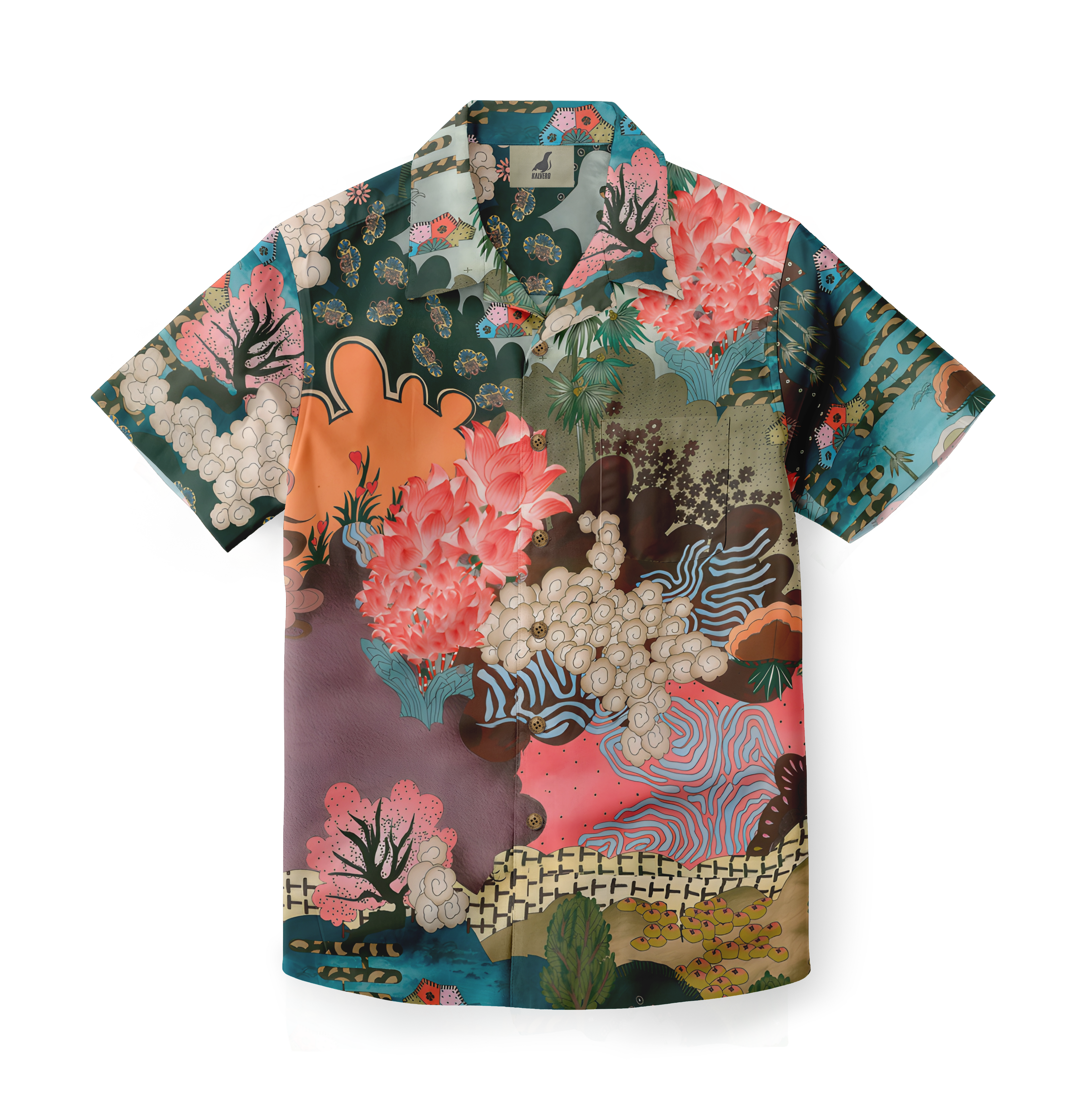 Colorful floral and coral print short-sleeve shirt.