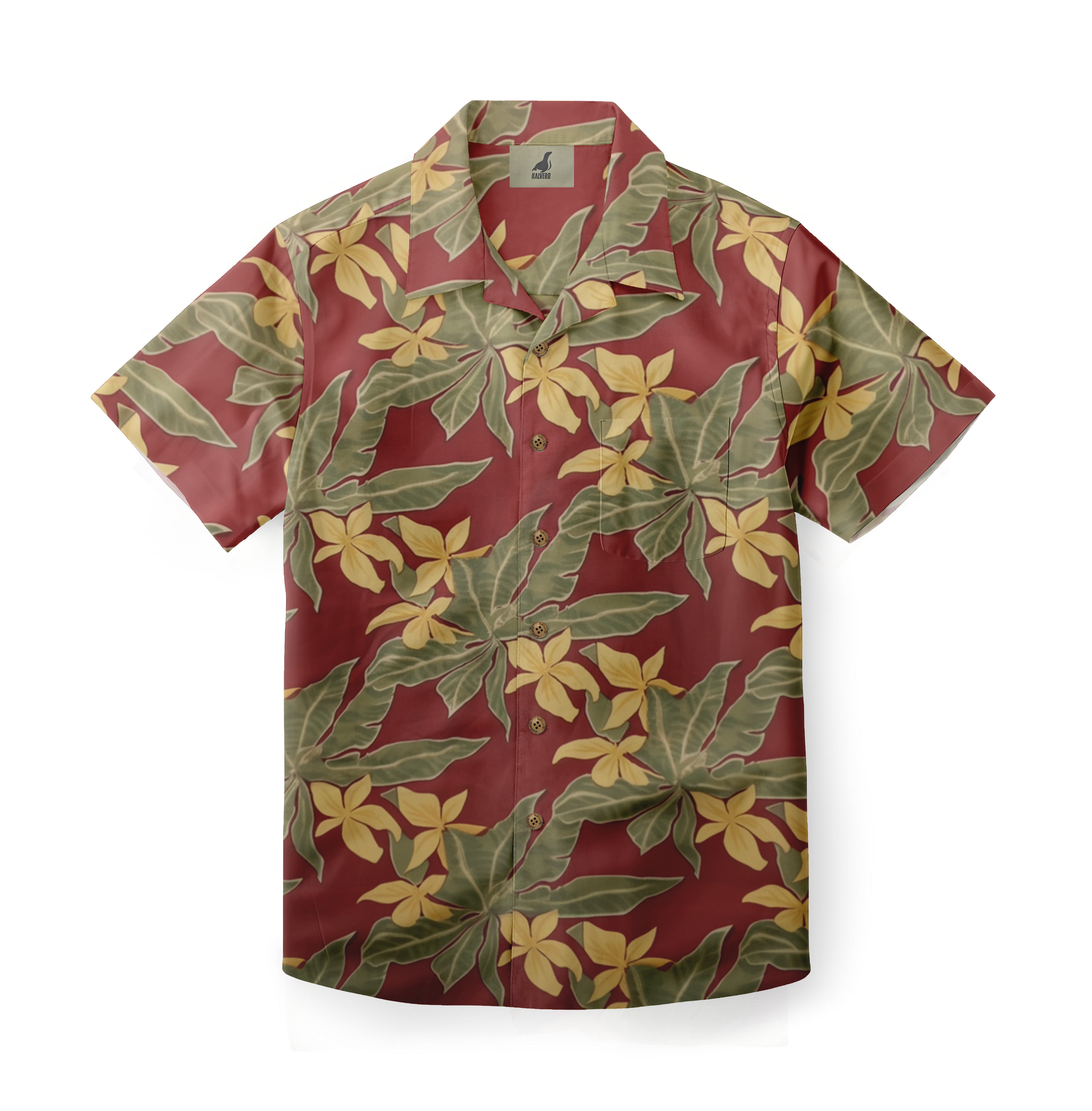 Red Hawaiian shirt with yellow flowers and green leaves, short.