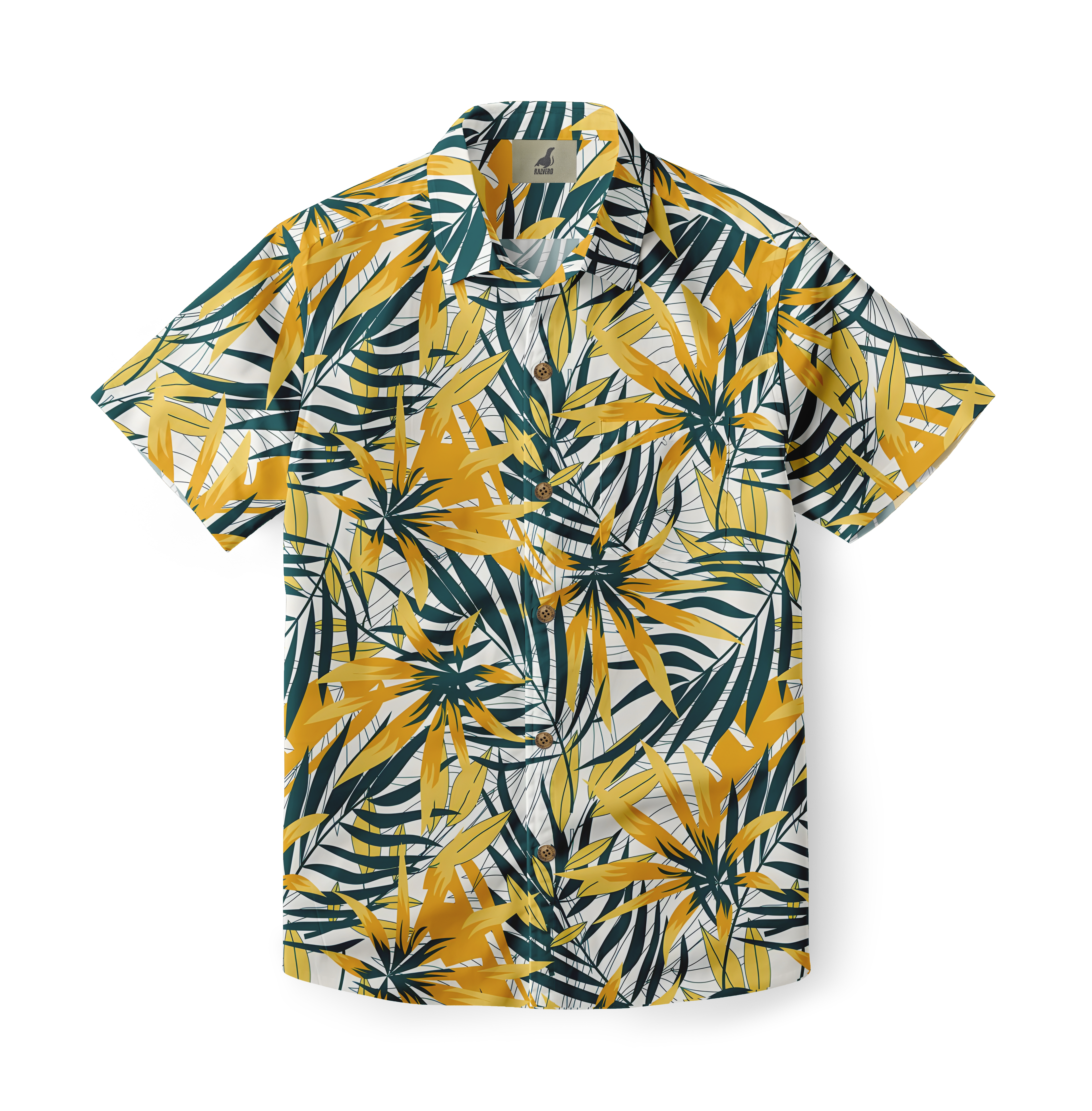 White shirt with yellow and green tropical leaf pattern.