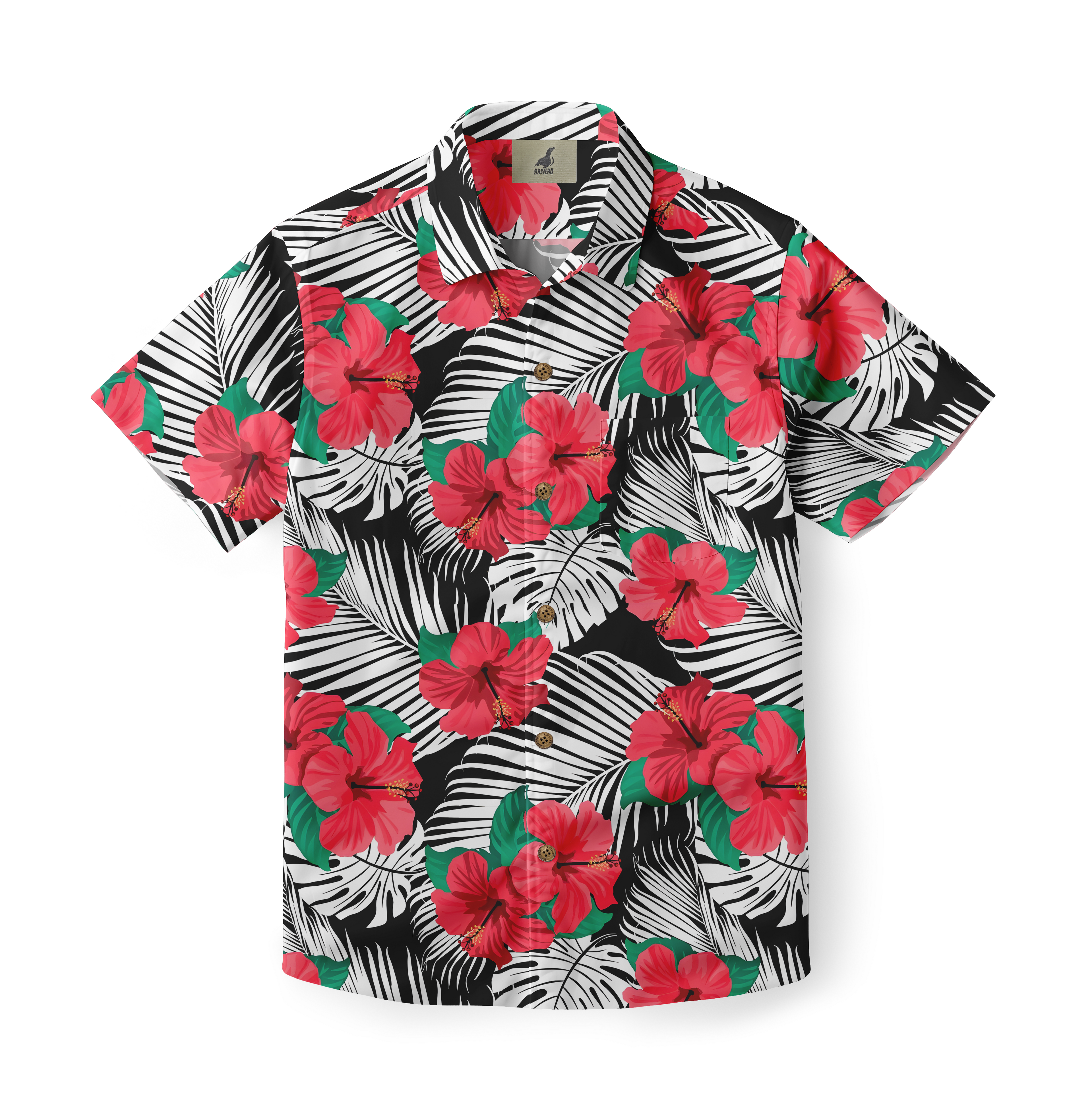 Vibrant tropical shirt with red hibiscus flowers, green leaves.