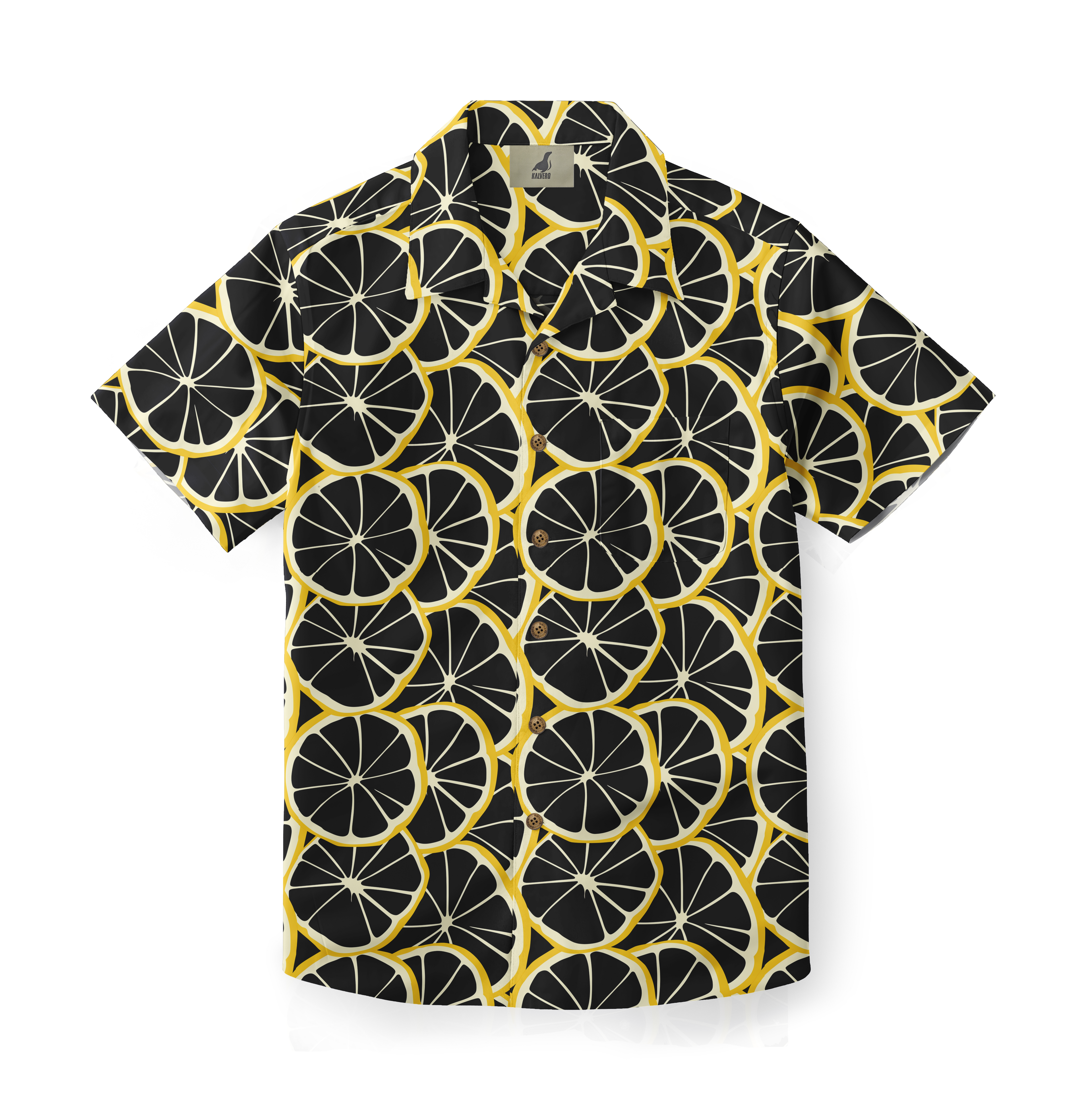 Black and yellow citrus slice pattern short-sleeve shirt with.