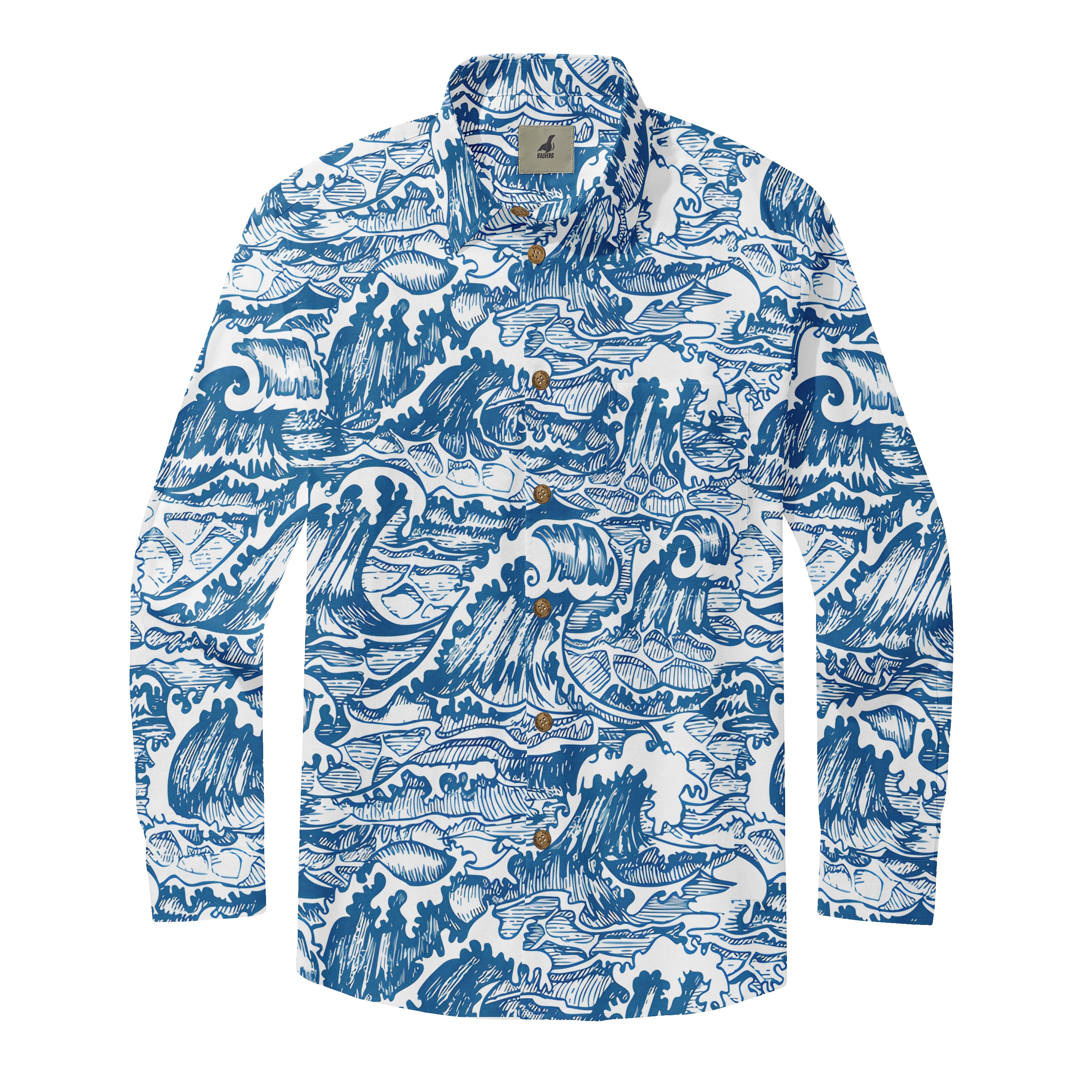 Blue and white wave-patterned long-sleeve shirt with wooden buttons.