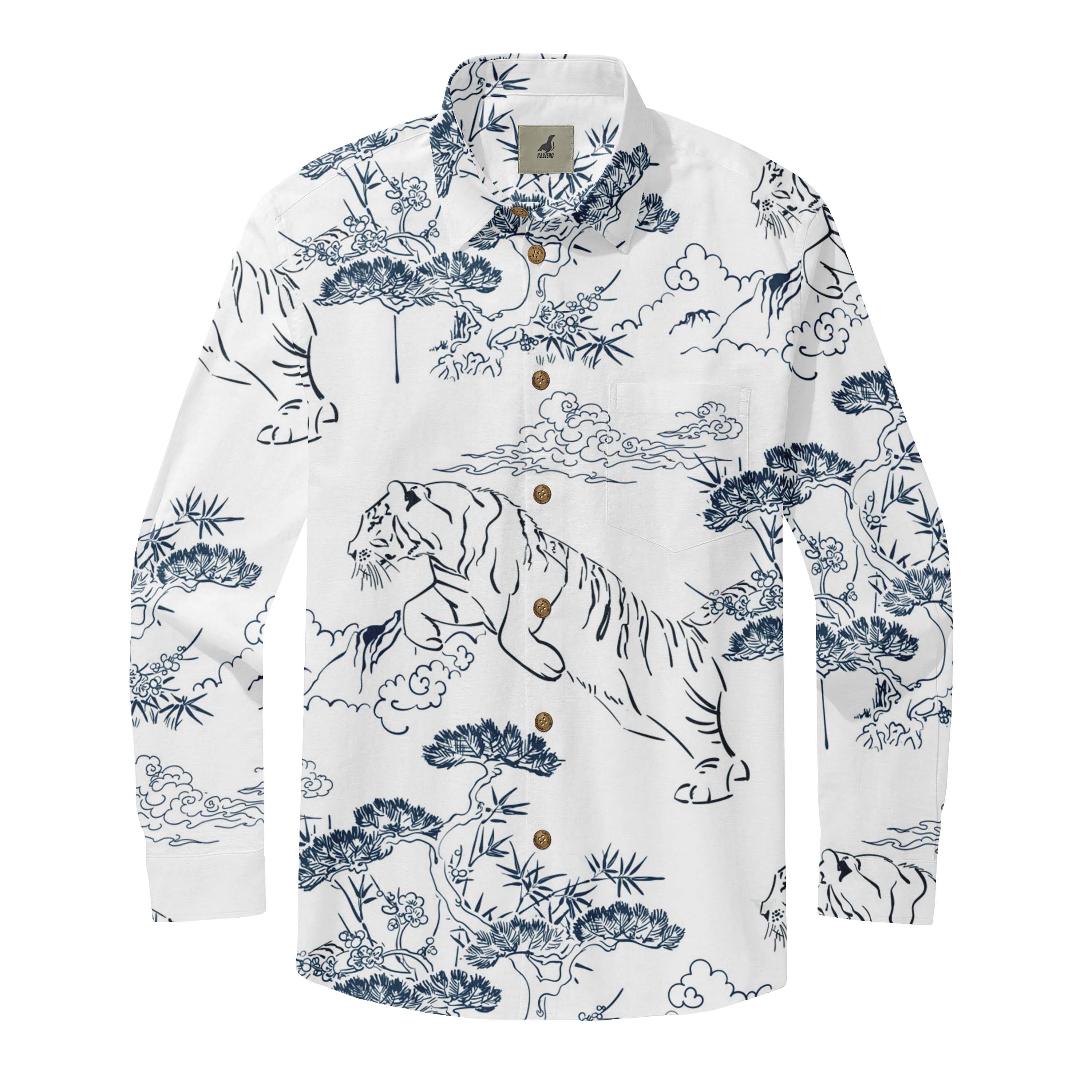 White shirt with blue tiger and pine tree pattern.