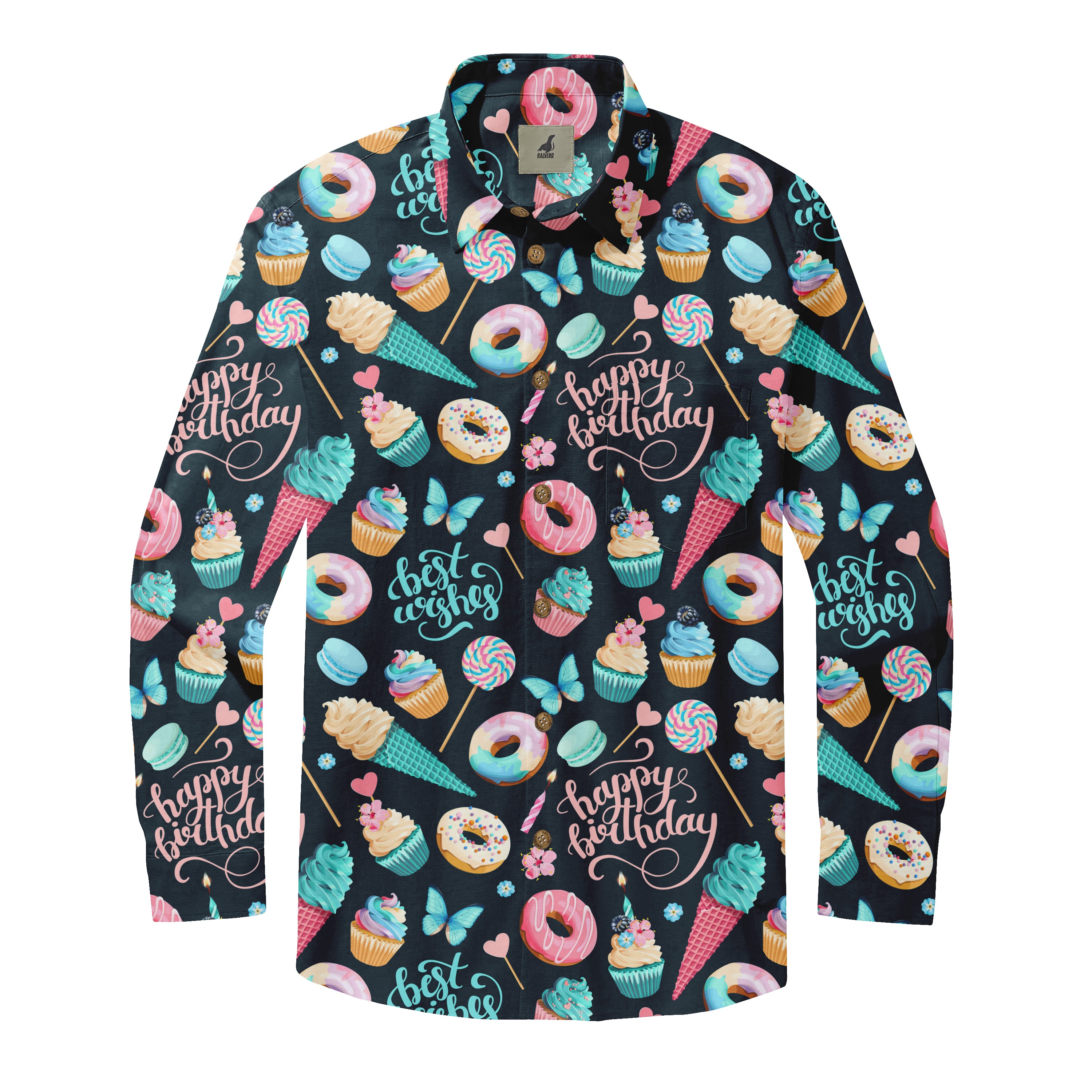 Colorful birthday-themed shirt with donuts, cupcakes, and ice cream.