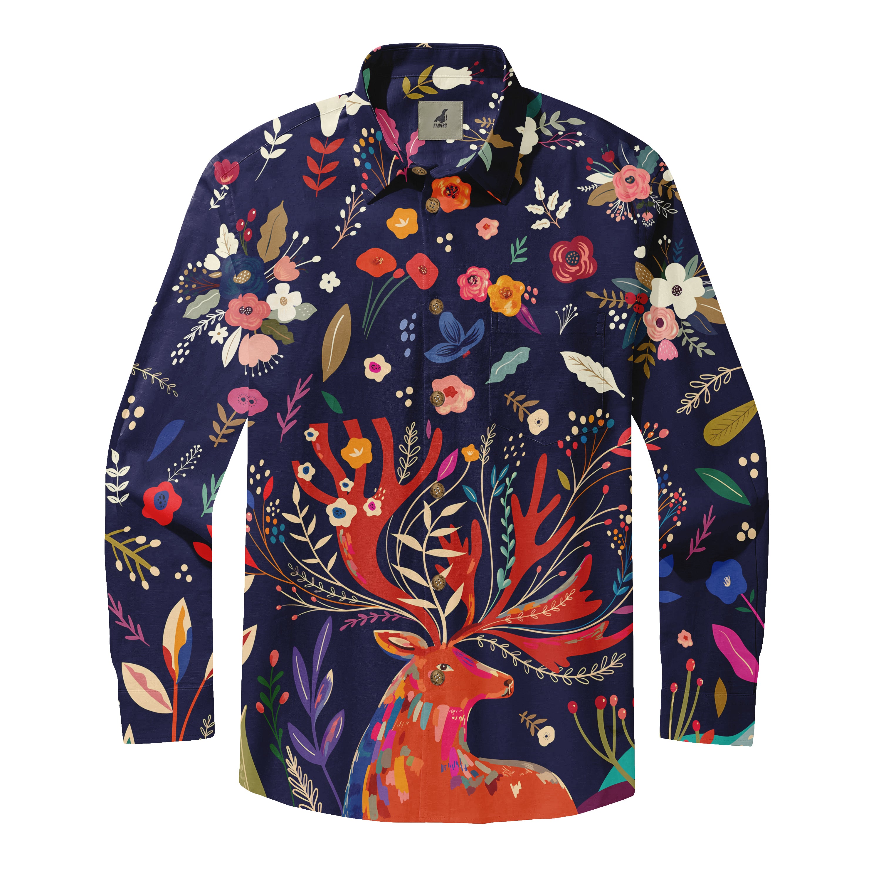 Dark blue shirt with colorful floral and deer design.