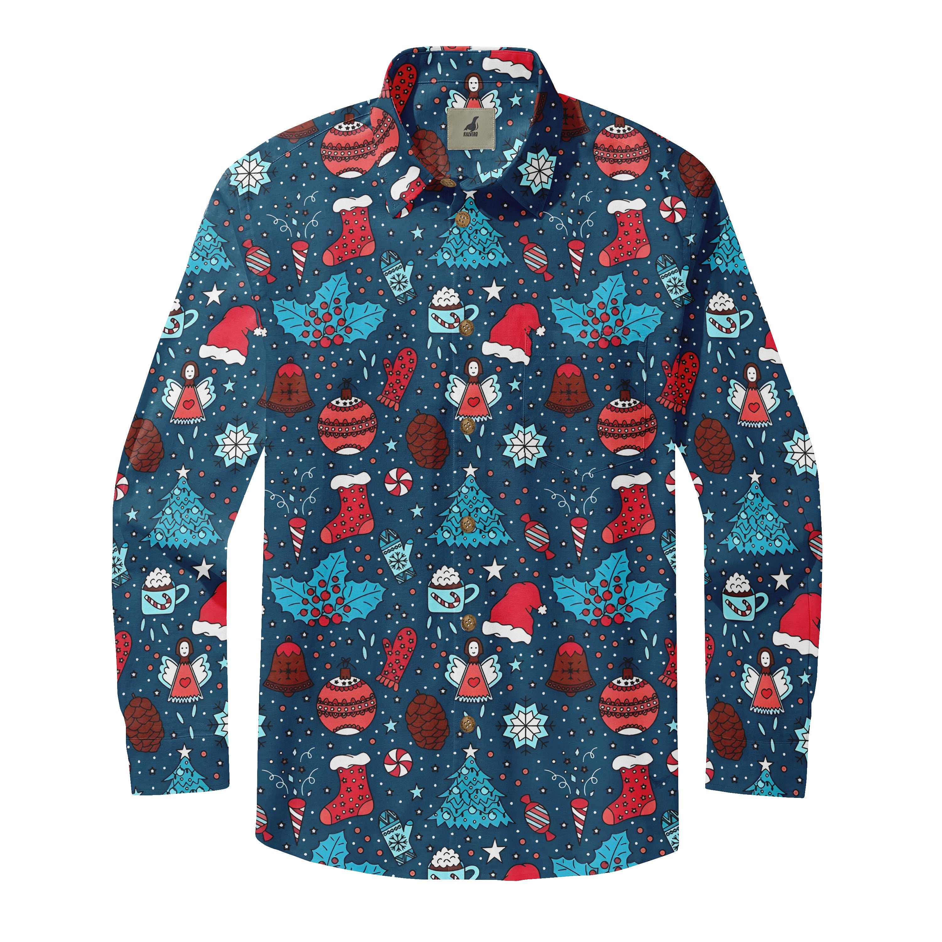 Christmas-themed long-sleeve shirt with festive patterns on a dark.