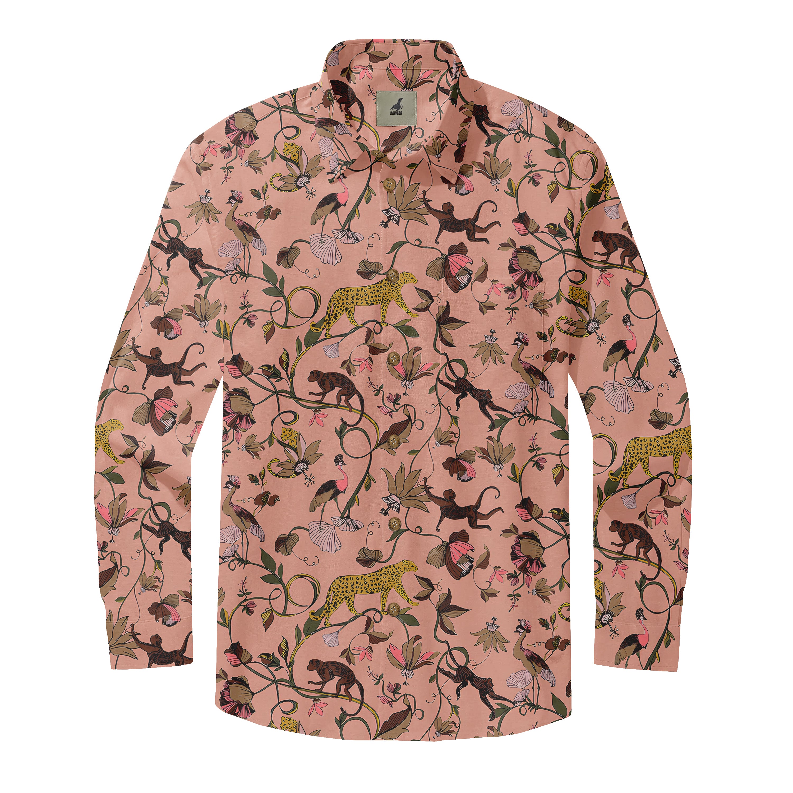 Pink shirt with jungle print featuring leopards, monkeys, birds.