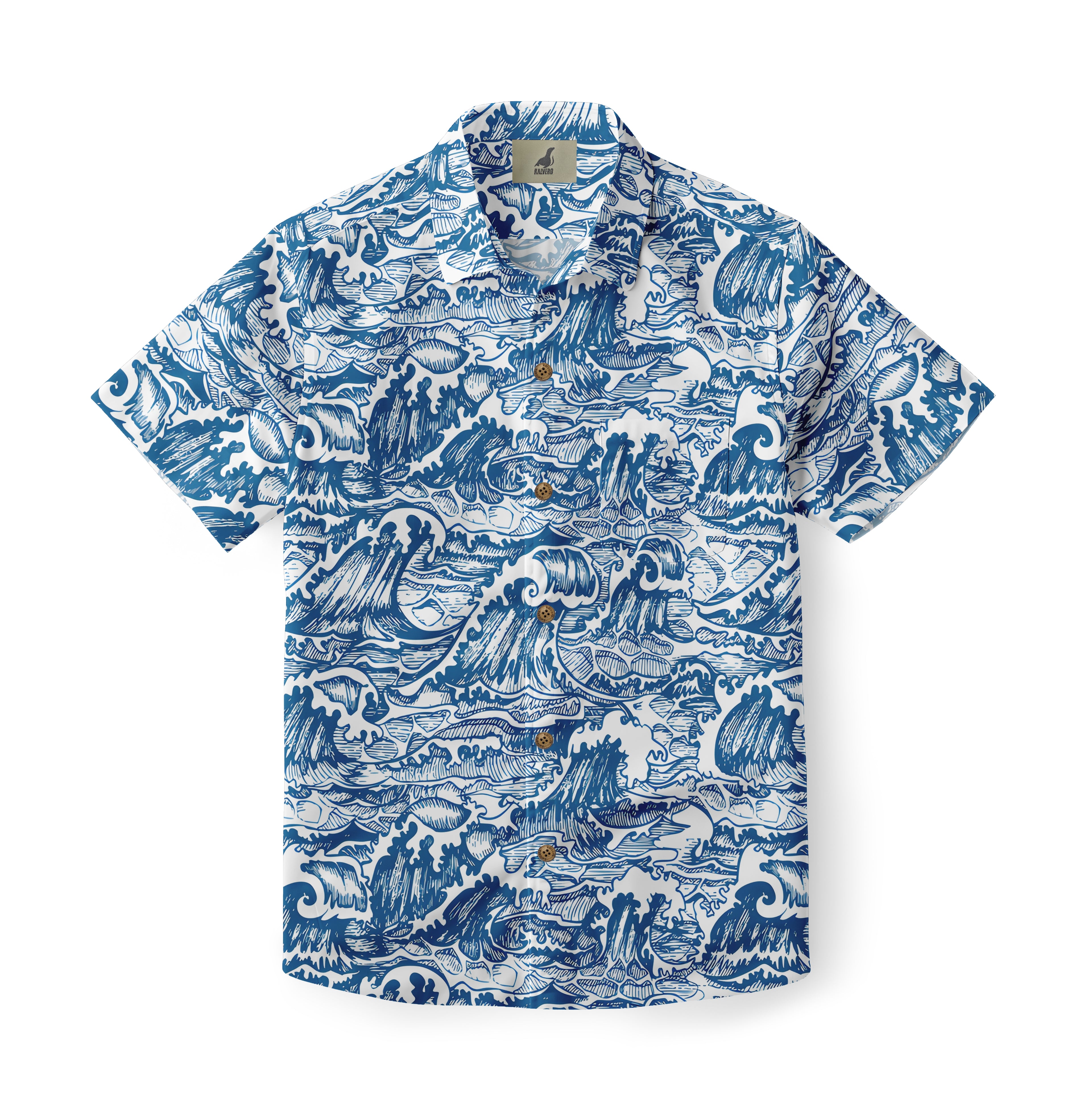 Blue and white wave-patterned short-sleeve shirt with button-down.
