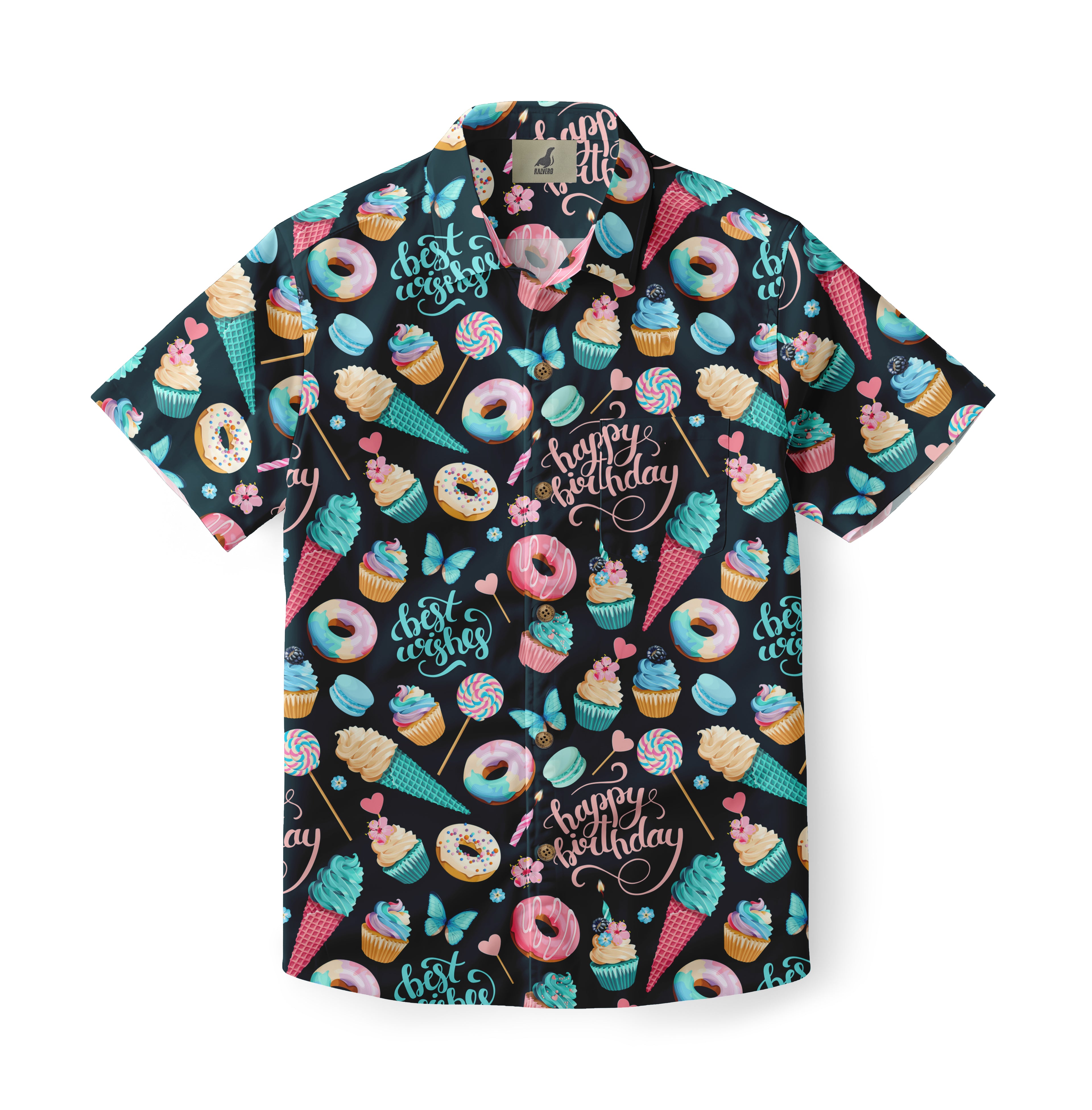 Black shirt with colorful donuts, cupcakes, ice cream, and "Happy.