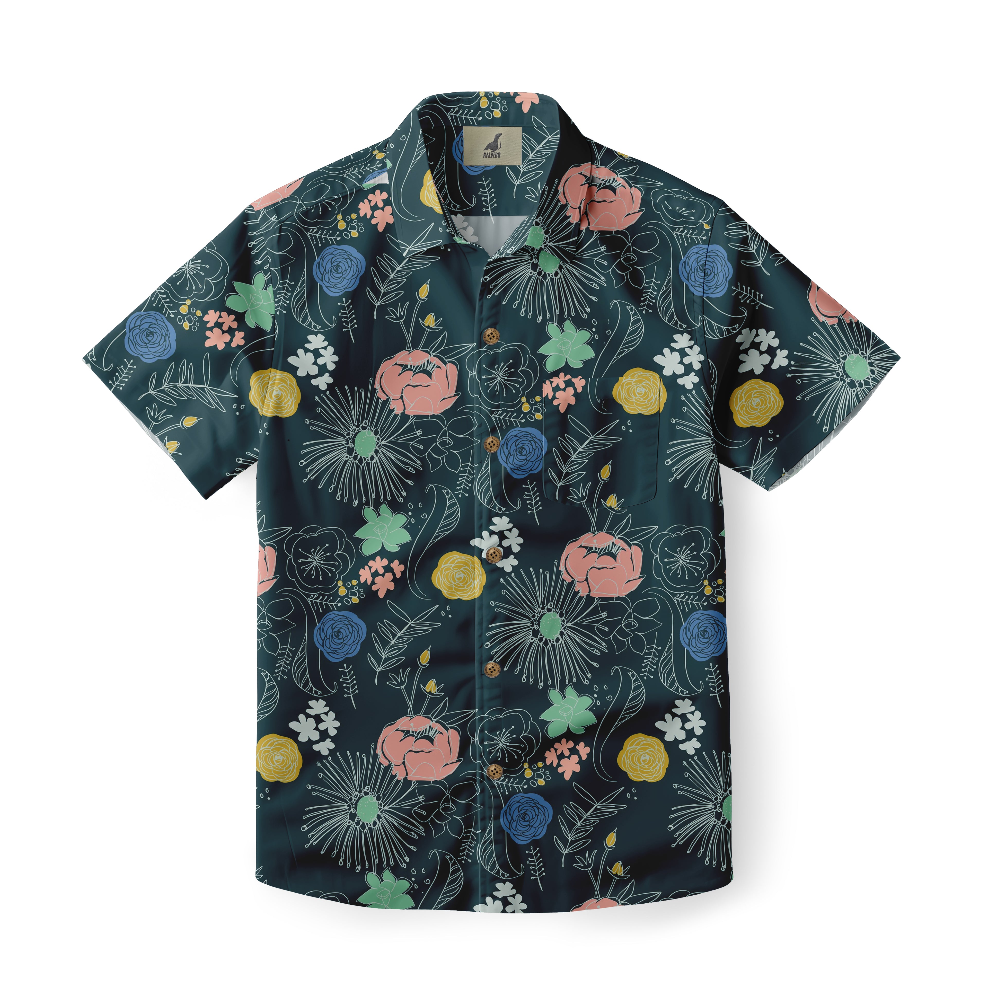 Dark blue floral shirt with colorful flowers and leaves, short.