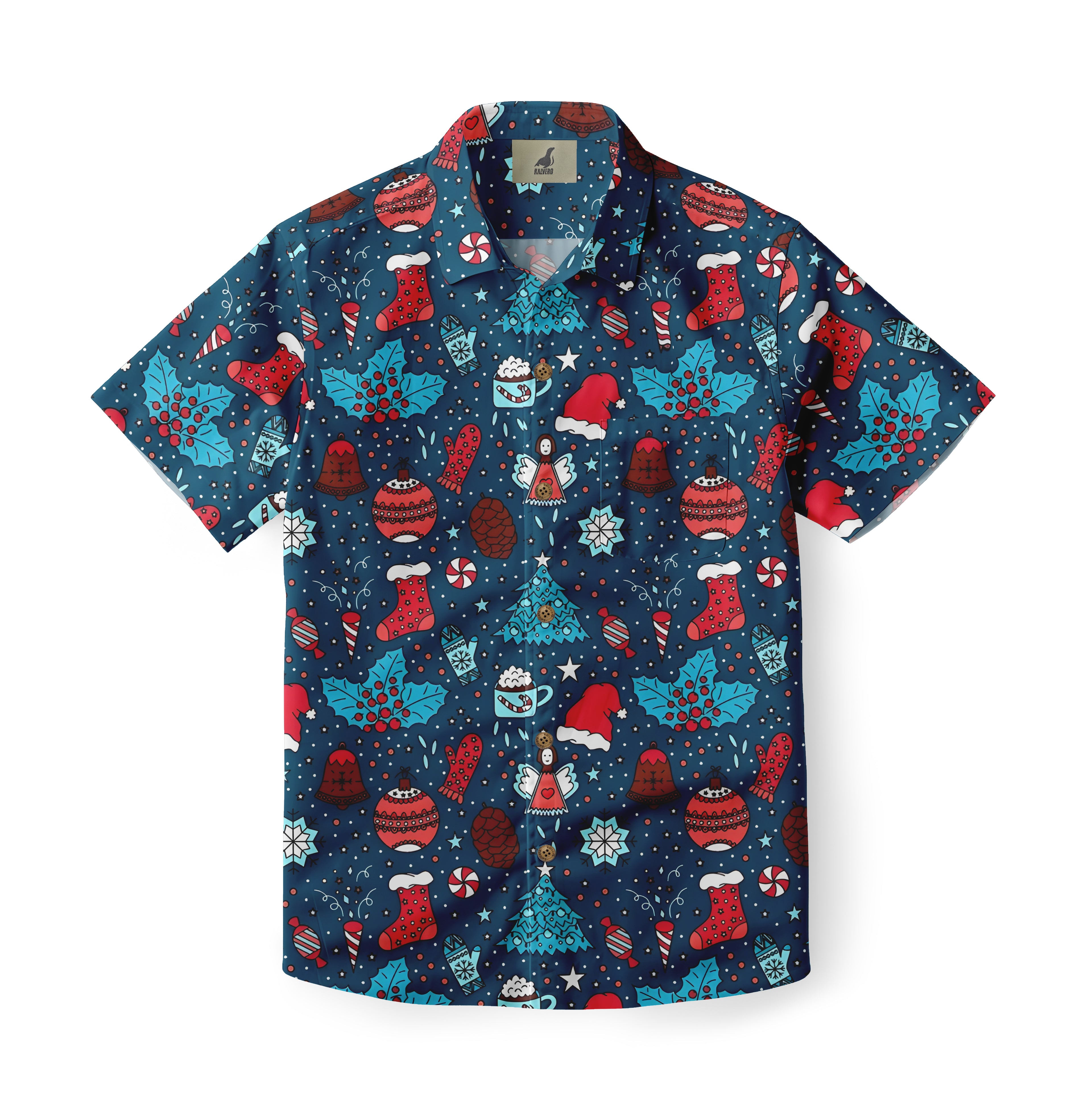Christmas-themed short-sleeve shirt with festive patterns on a dark.