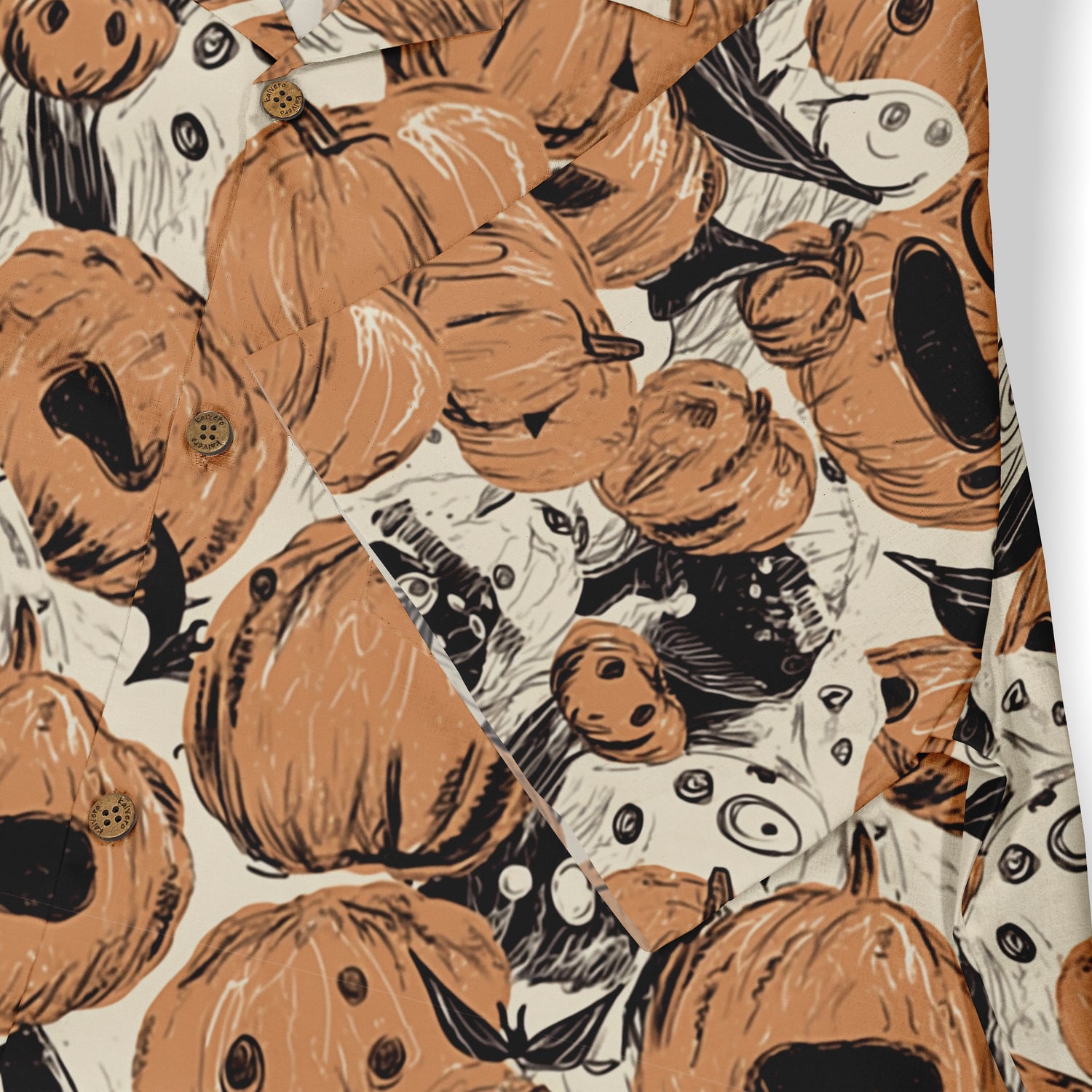 Halloween-themed shirt with pumpkin and ghost print, featuring.