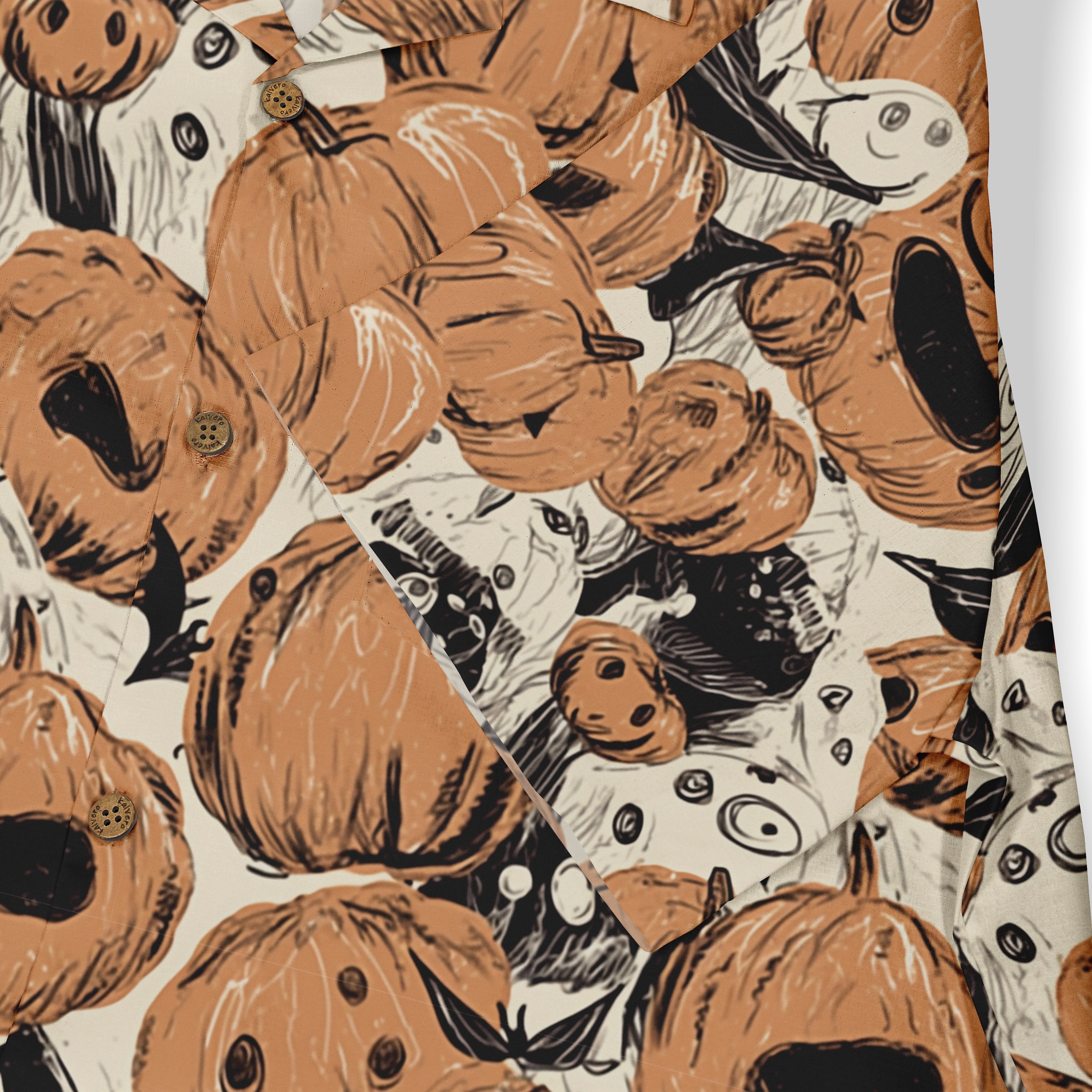 Halloween-themed shirt with pumpkin and ghost print, featuring.