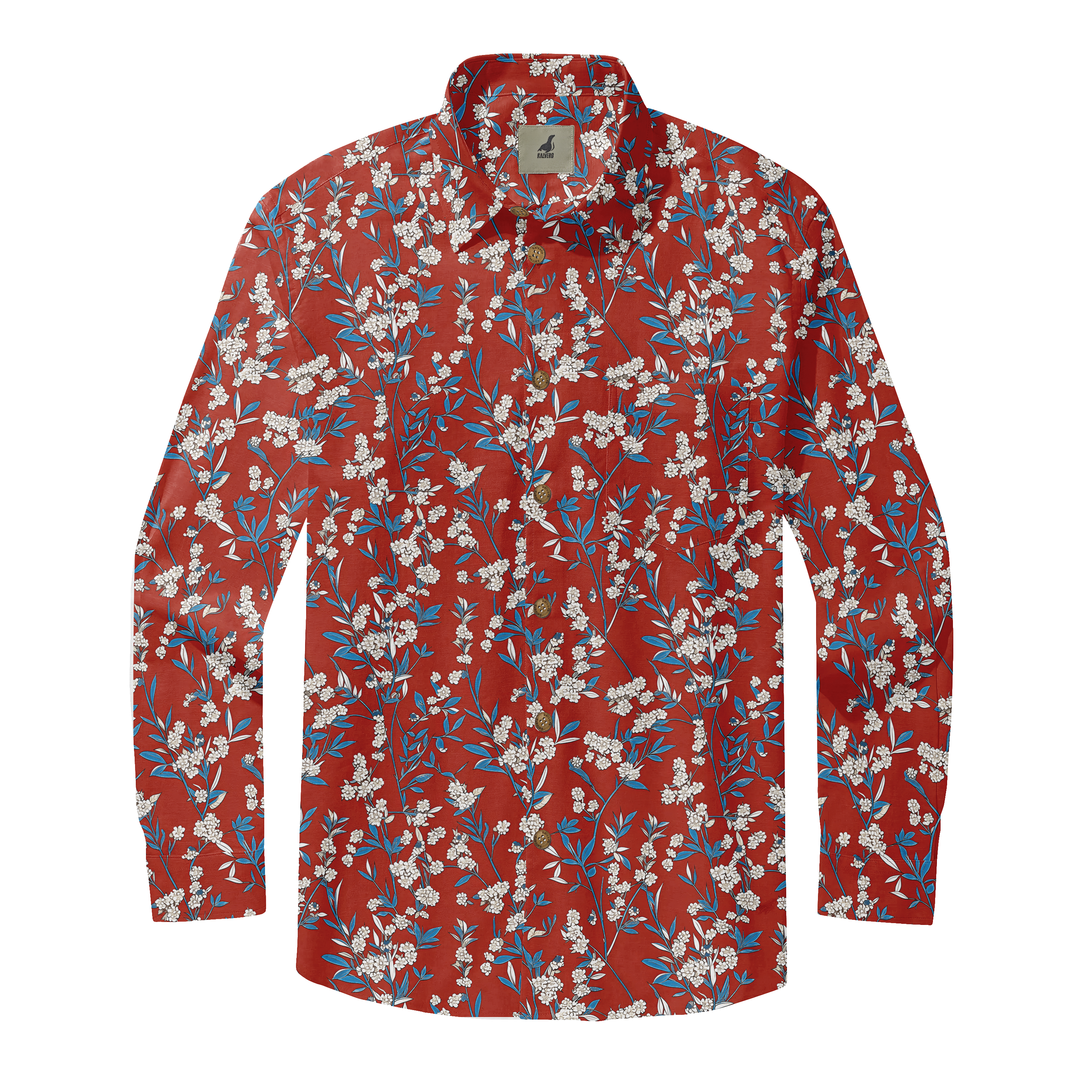 Red floral shirt with white and blue flowers, long sleeves.