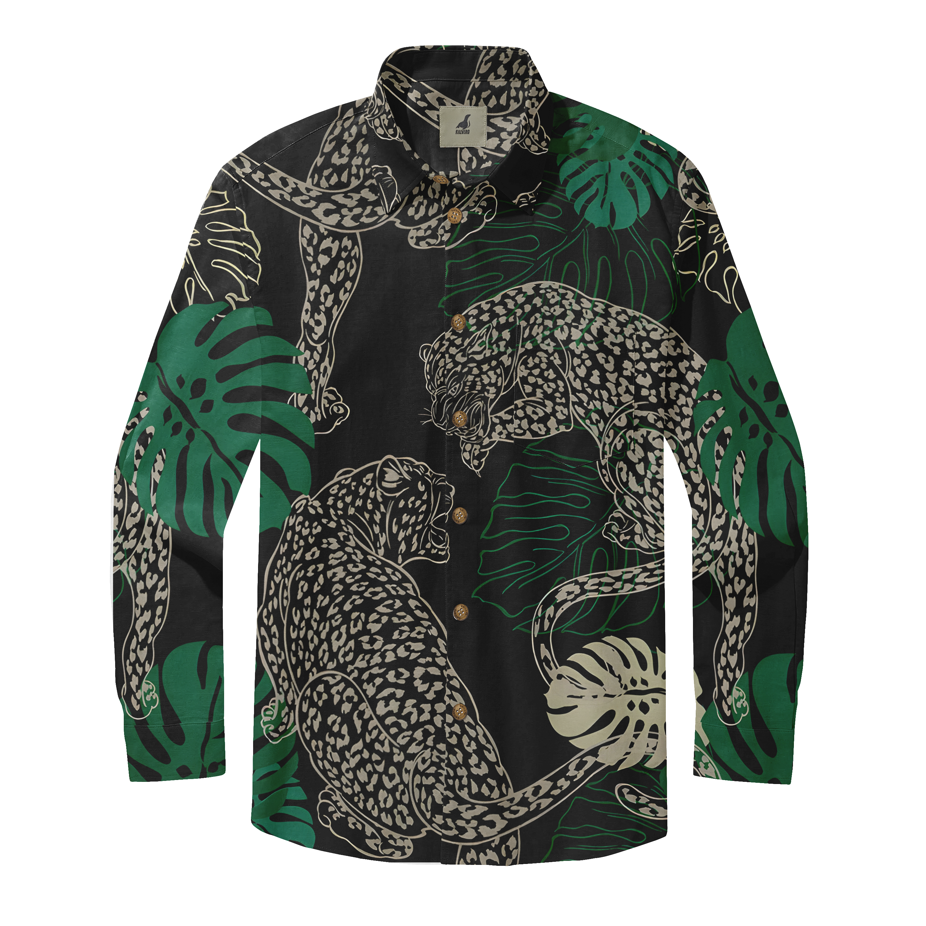 Black shirt with jungle print featuring leopards and green leaves.