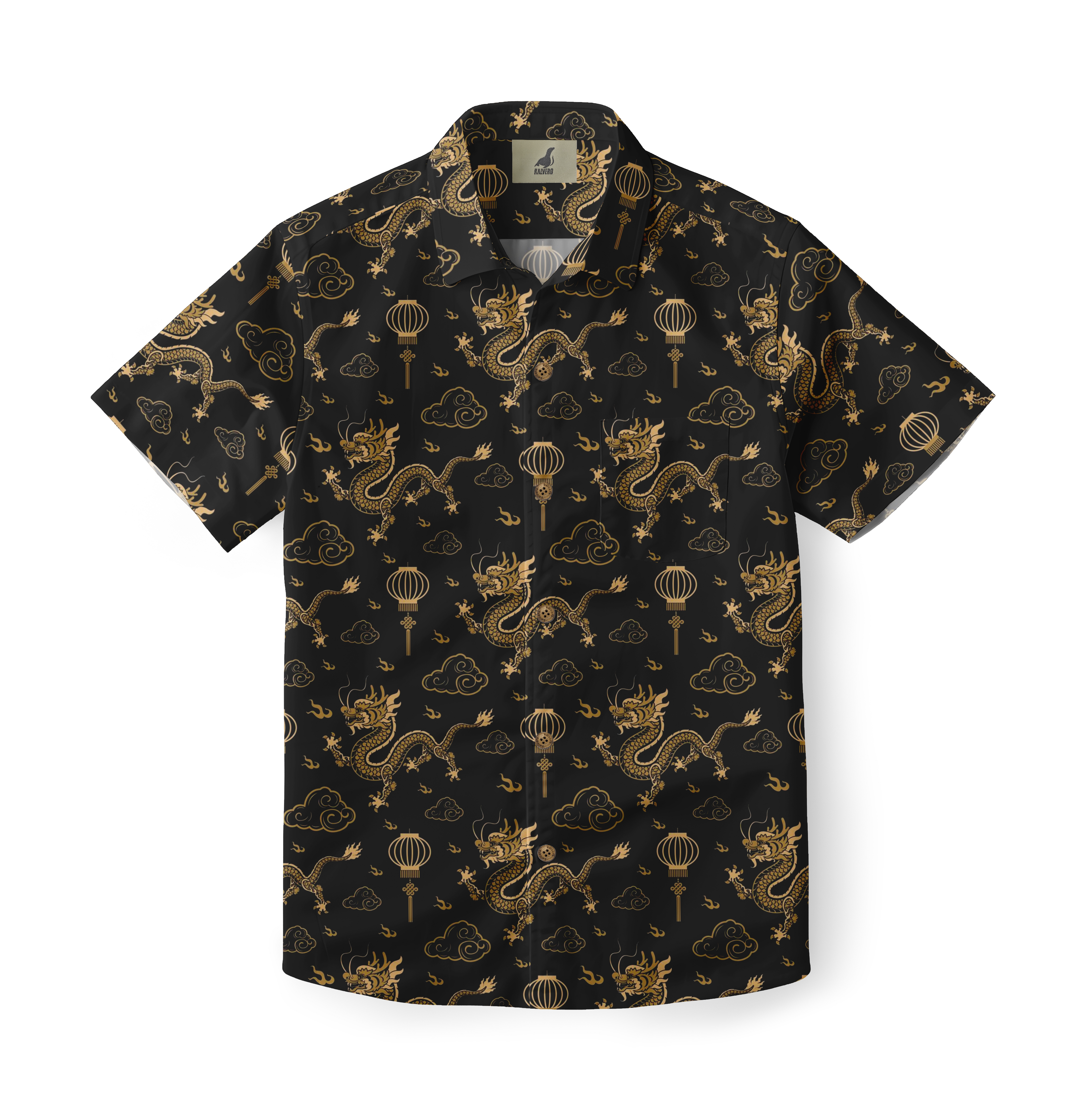 Black short-sleeve shirt with gold dragon, cloud, and lantern.