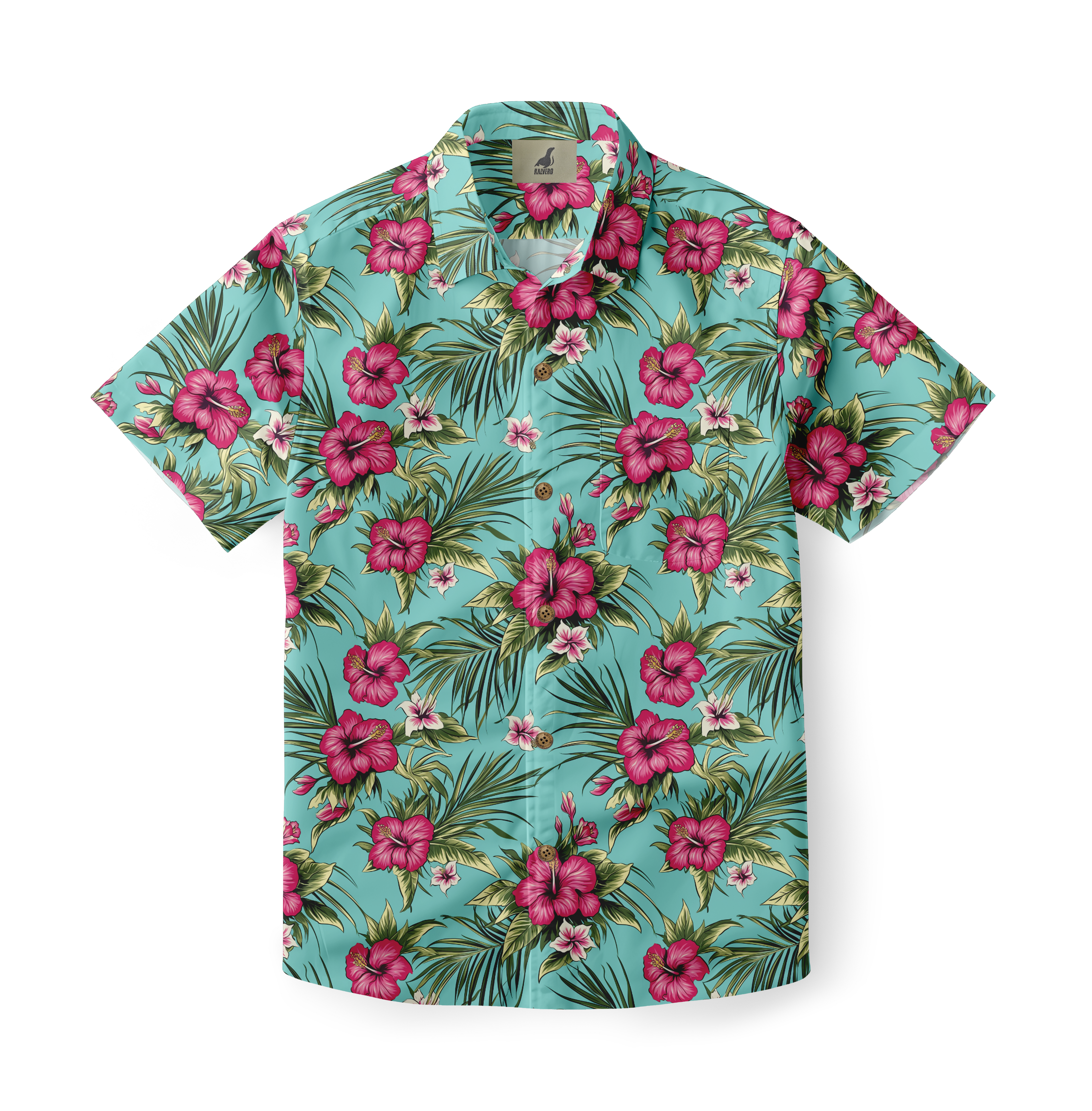 Teal Hawaiian shirt with pink flowers and green leaves.