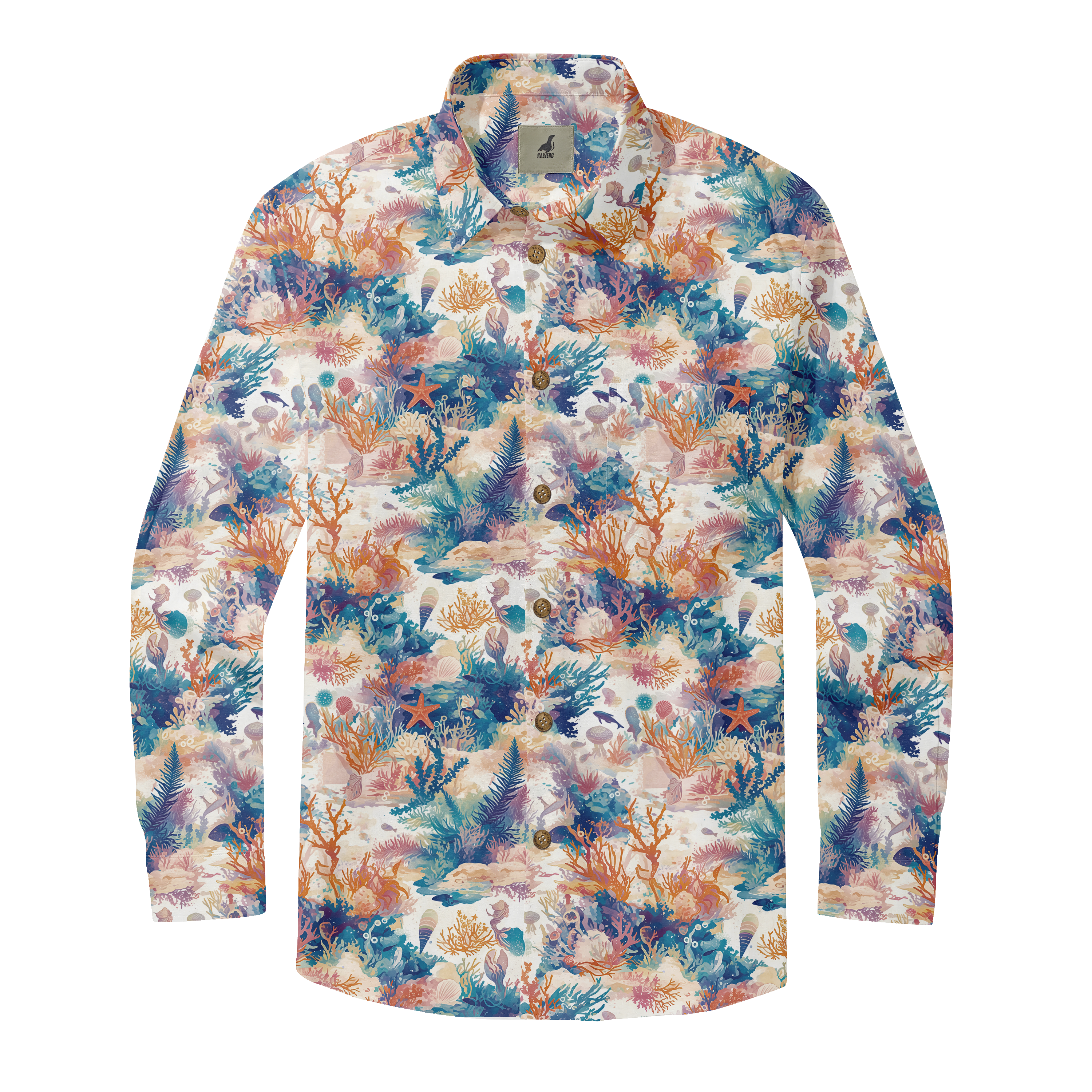 Long-sleeve button-up shirt with vibrant coral reef print in blues.