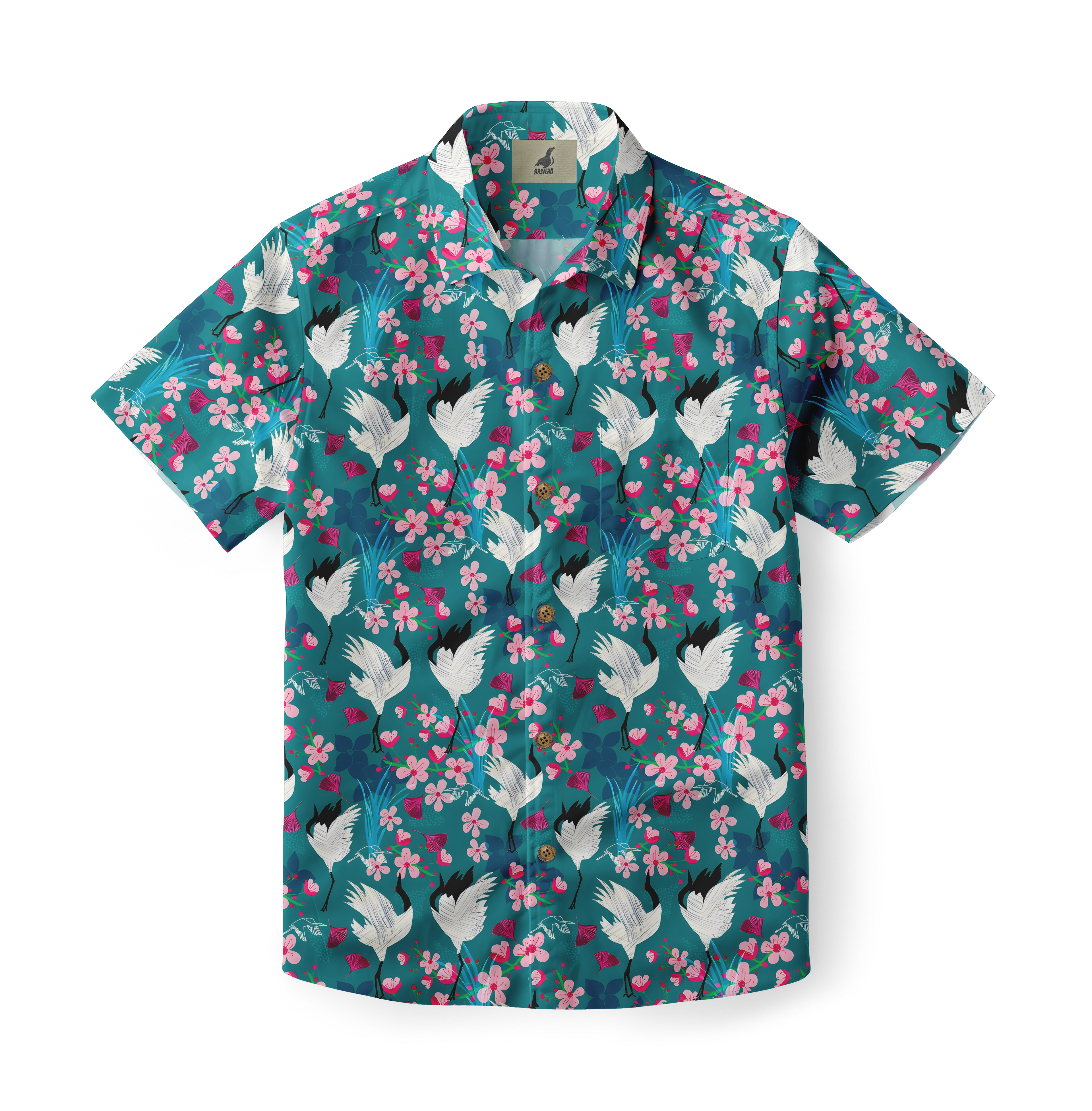 Teal shirt with white cranes and pink flowers pattern.