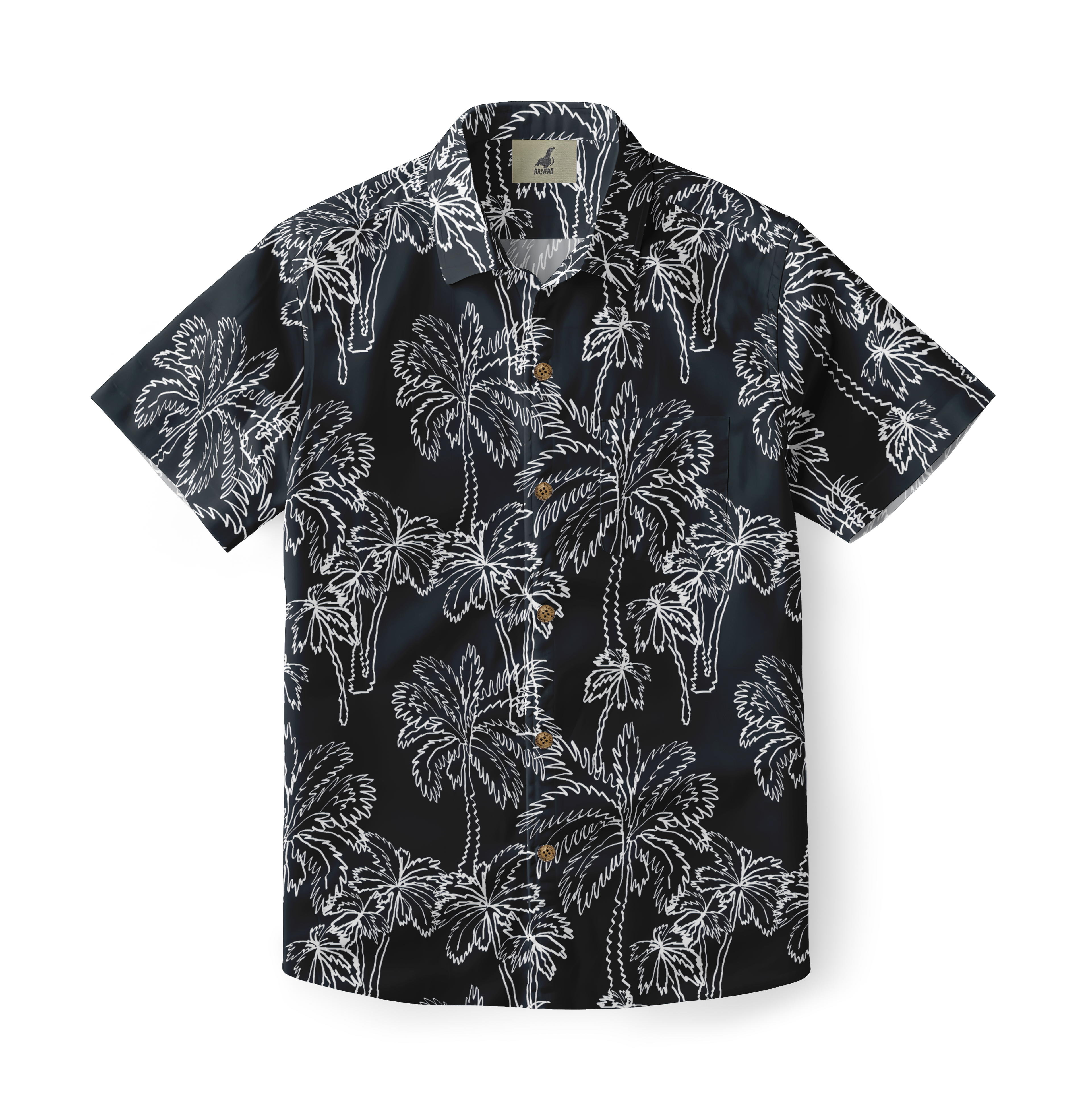 Black short-sleeve shirt with white palm tree print and wooden.