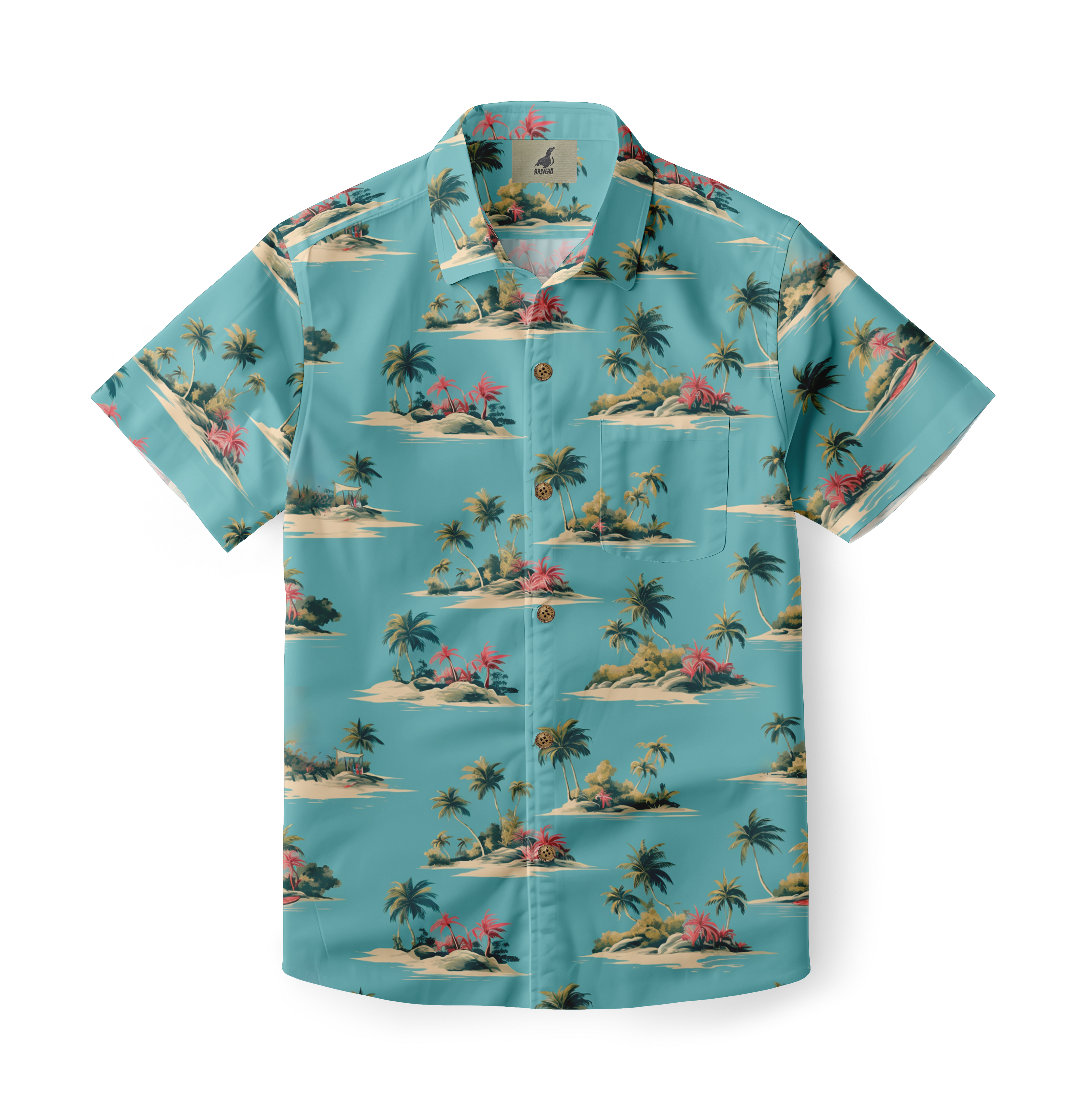 Tropical print short-sleeve shirt with palm trees and islands.