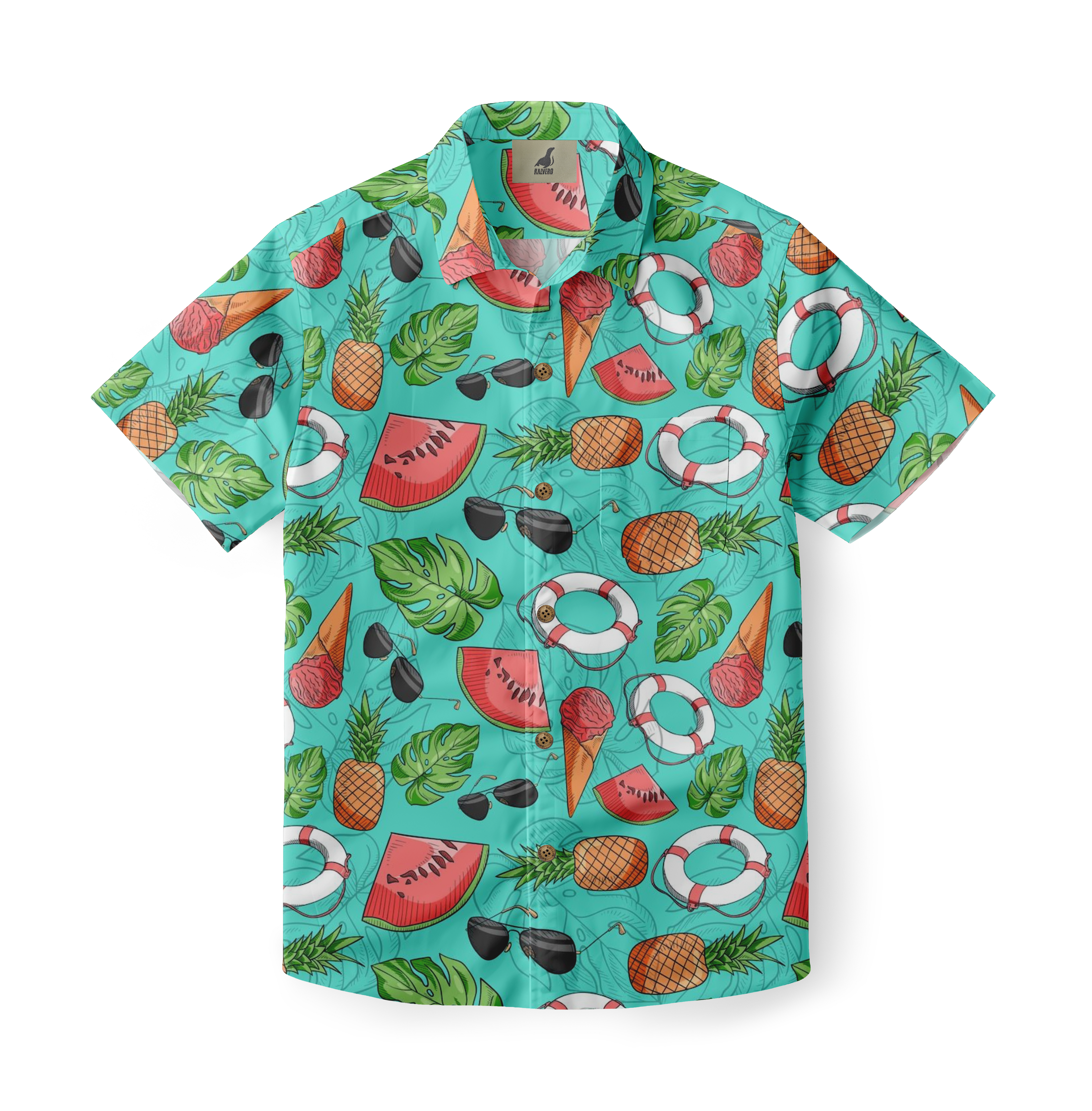 Tropical shirt with pineapples, watermelons, sunglasses, and life.