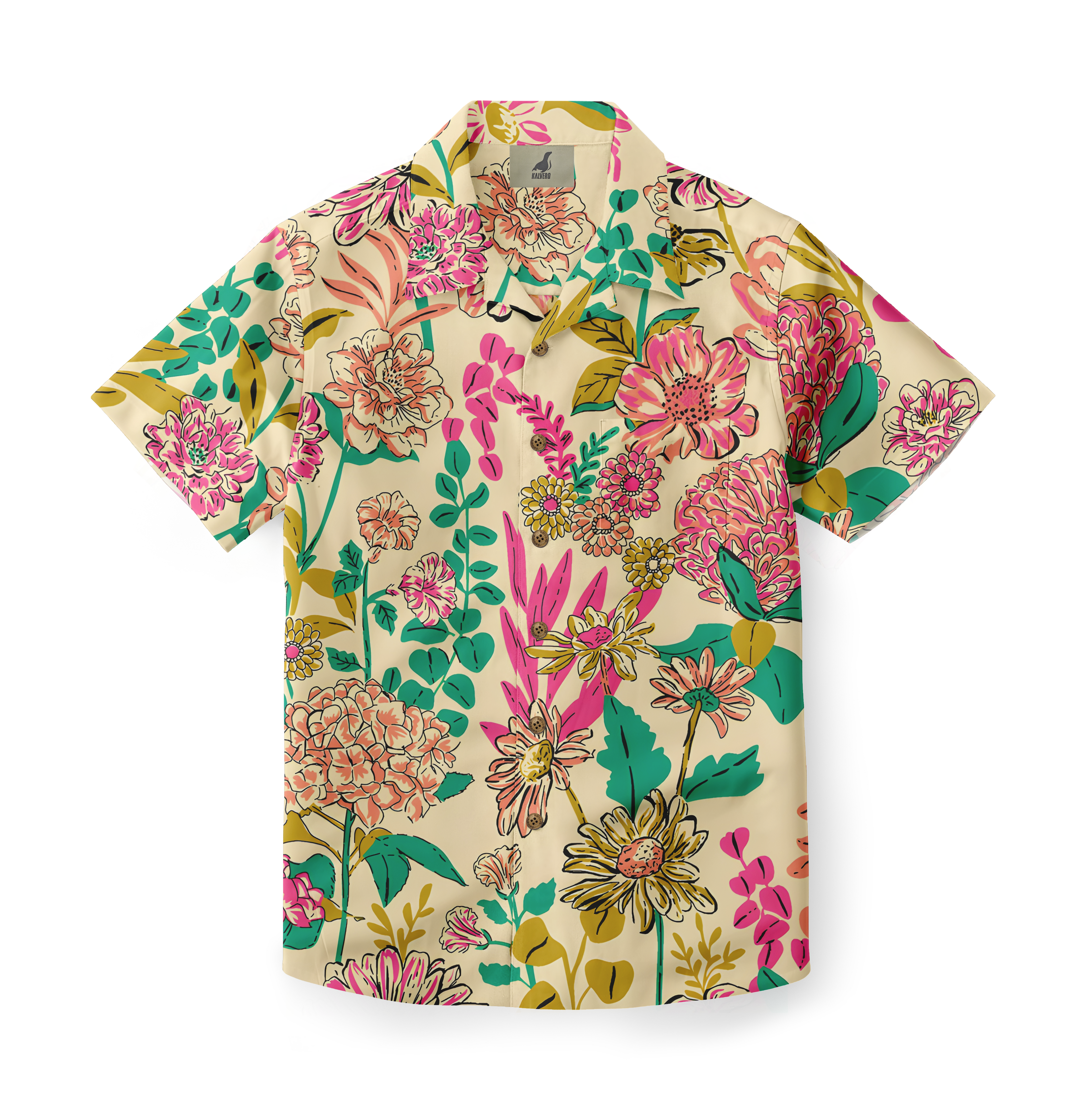 Beige short-sleeve shirt with vibrant floral pattern.