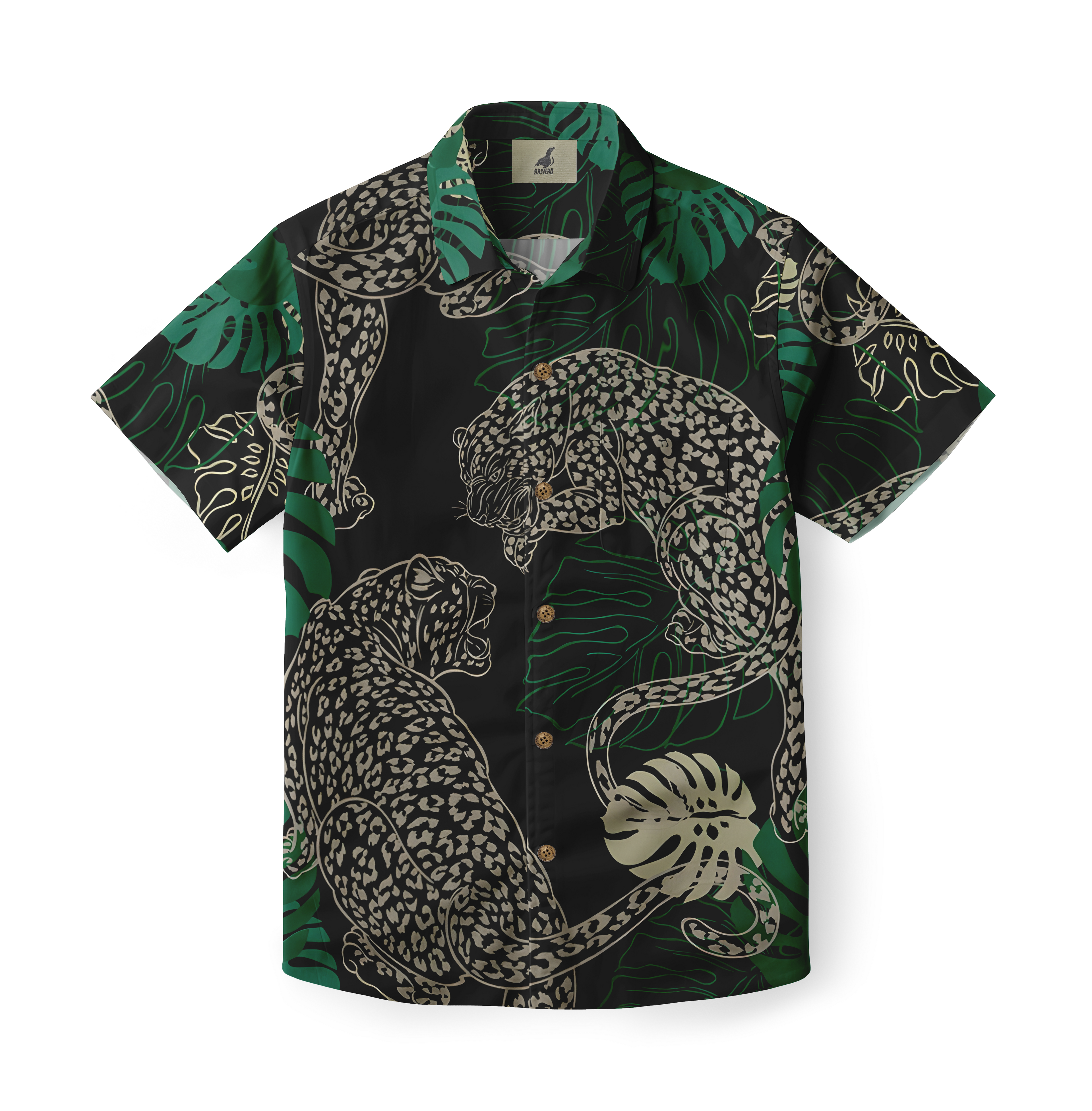 Black shirt with leopard and leaf pattern, green accents, short.