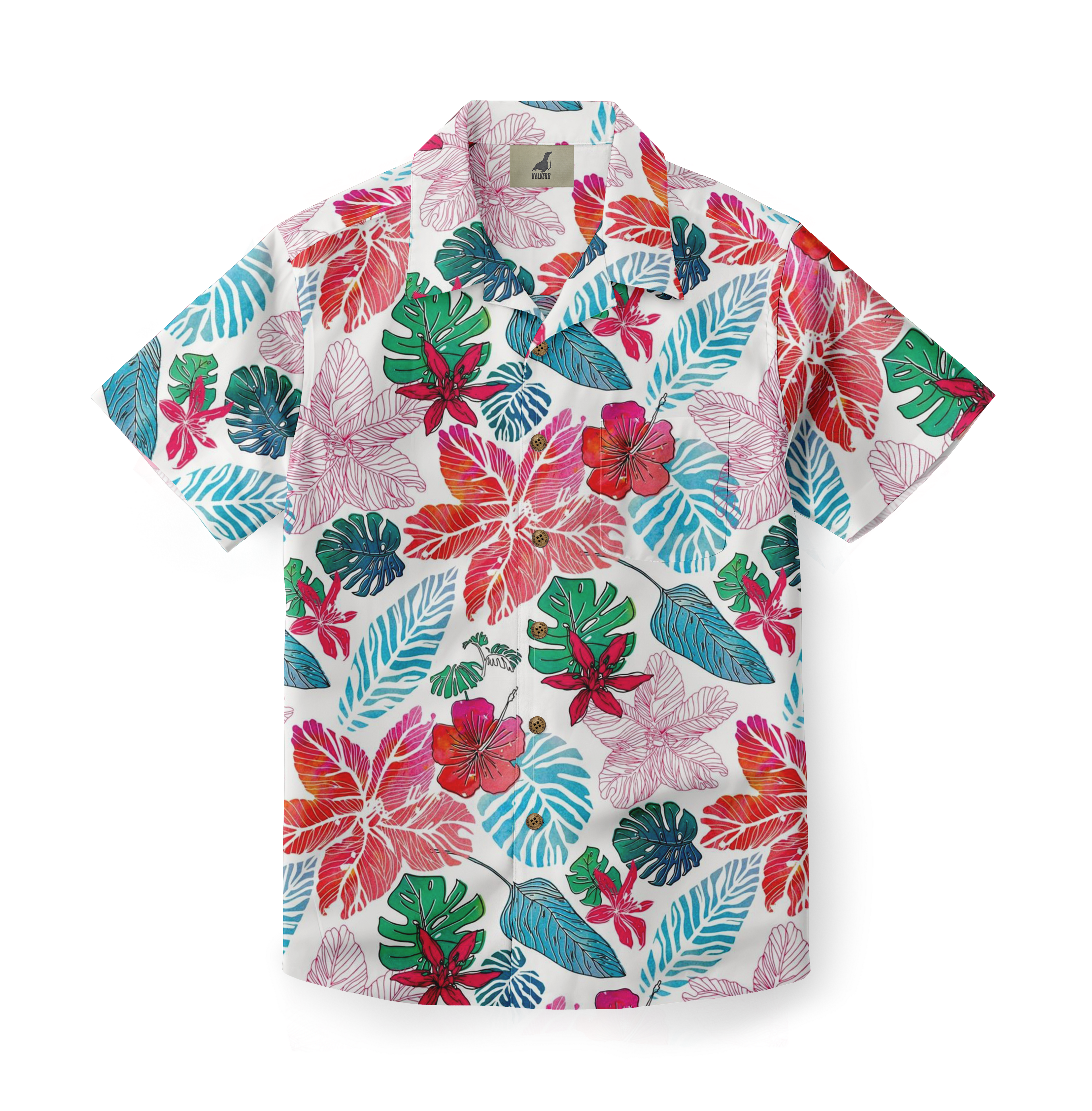 White shirt with colorful tropical leaves and flowers.