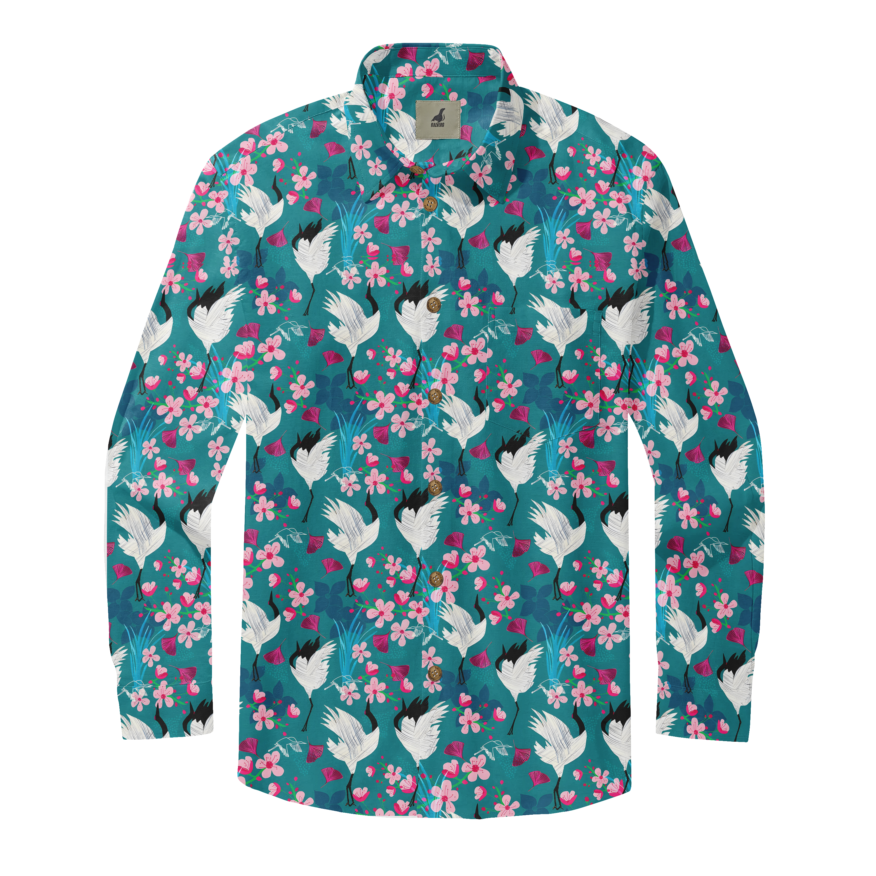 Teal shirt with white cranes, pink flowers, and geometric patterns.