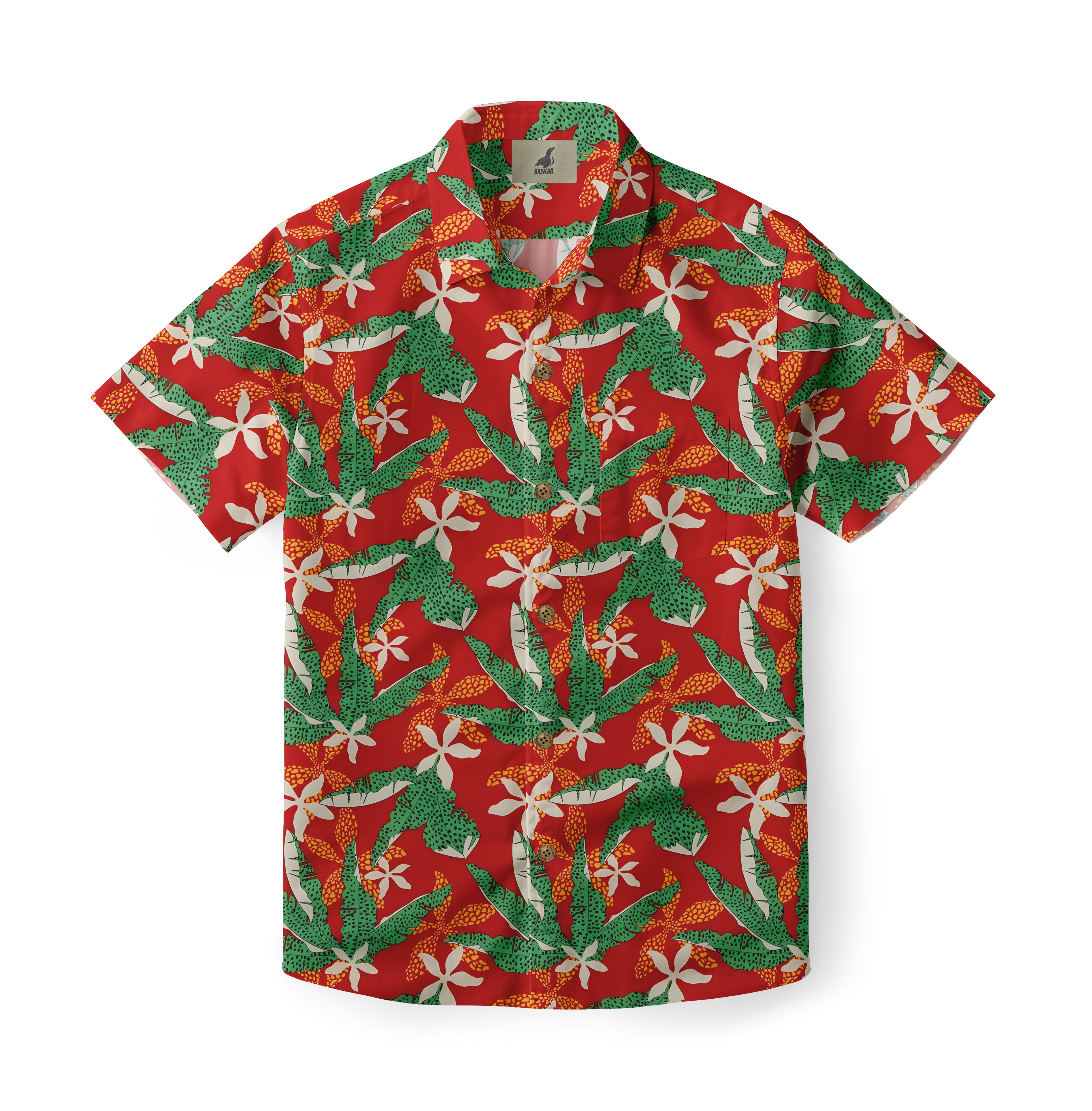 Red shirt with green leaves and white flowers pattern.