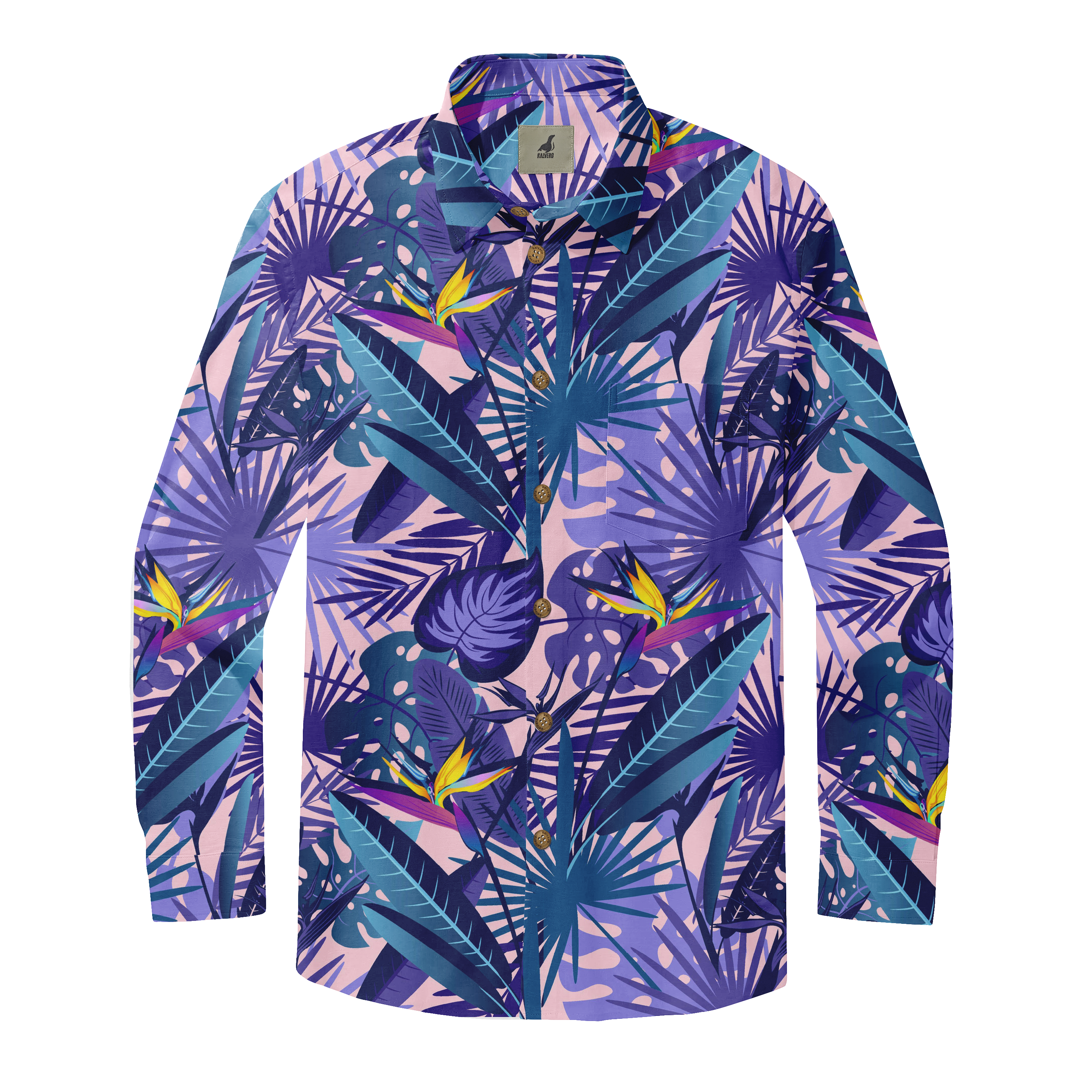 Vibrant tropical shirt with bold purple, blue, and yellow leaf.