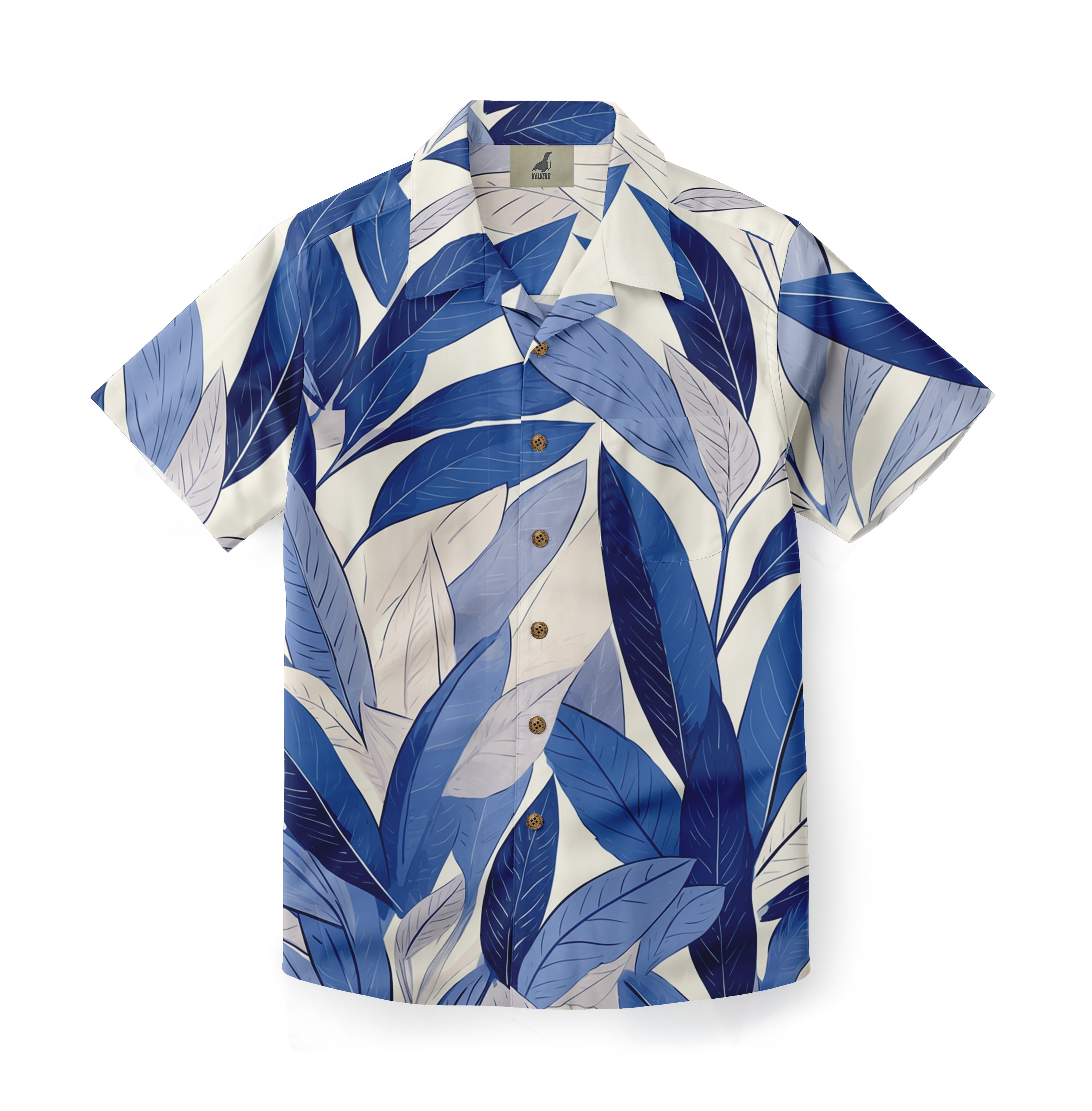 Blue and white leaf-patterned short-sleeve shirt with wooden buttons.