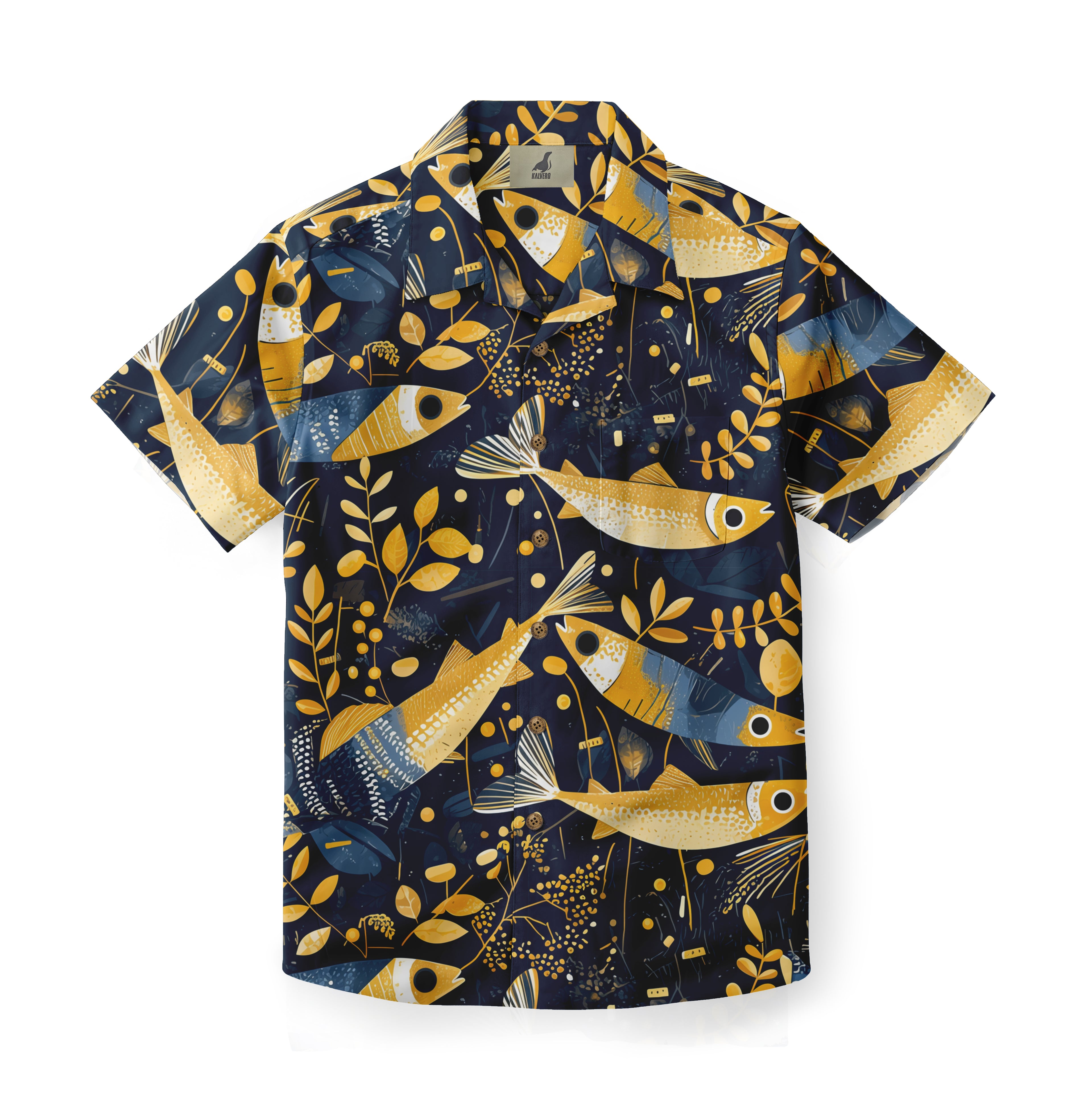 Navy blue short-sleeve shirt with gold fish and leaf pattern.