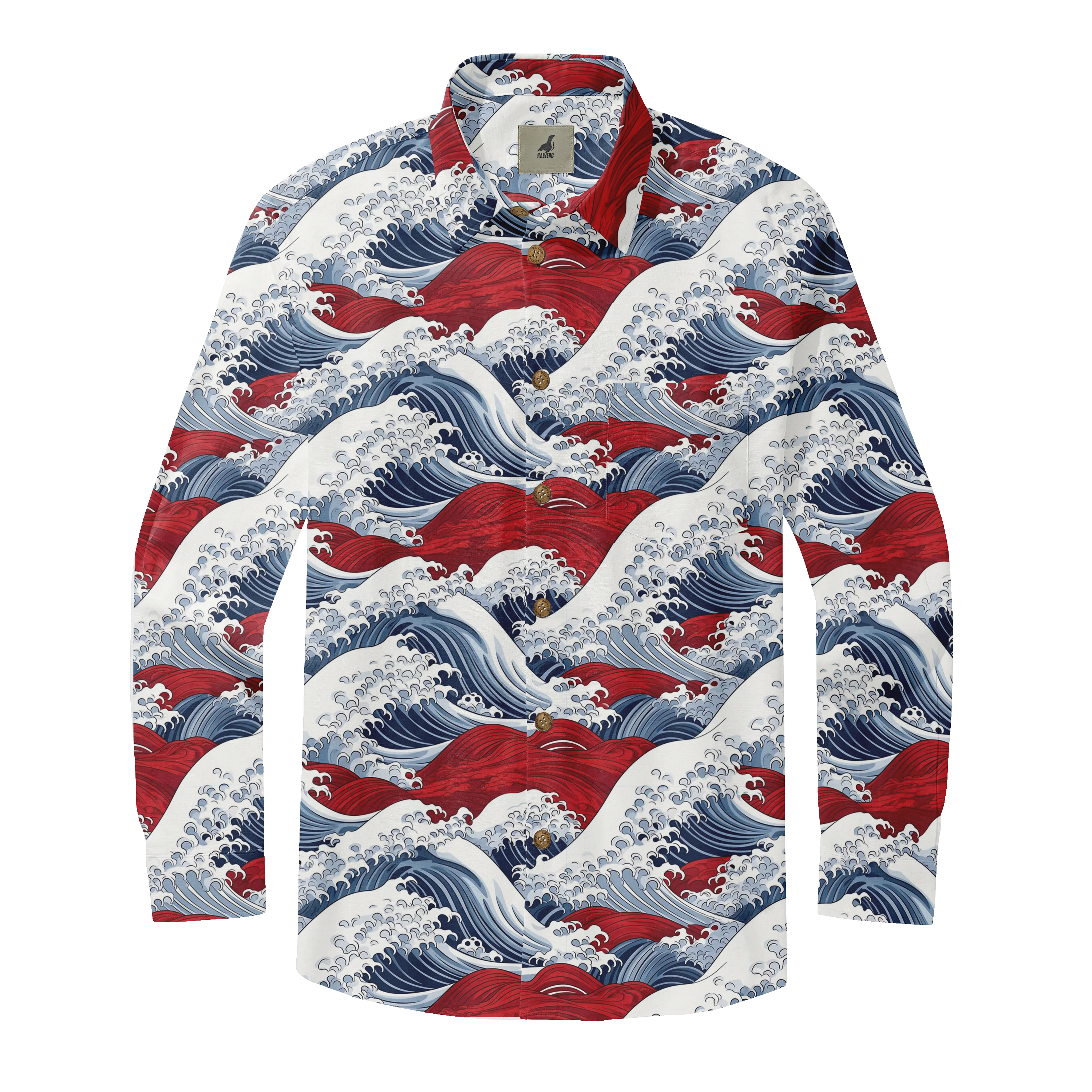 Long-sleeve shirt with vibrant red, blue, and white wave pattern.