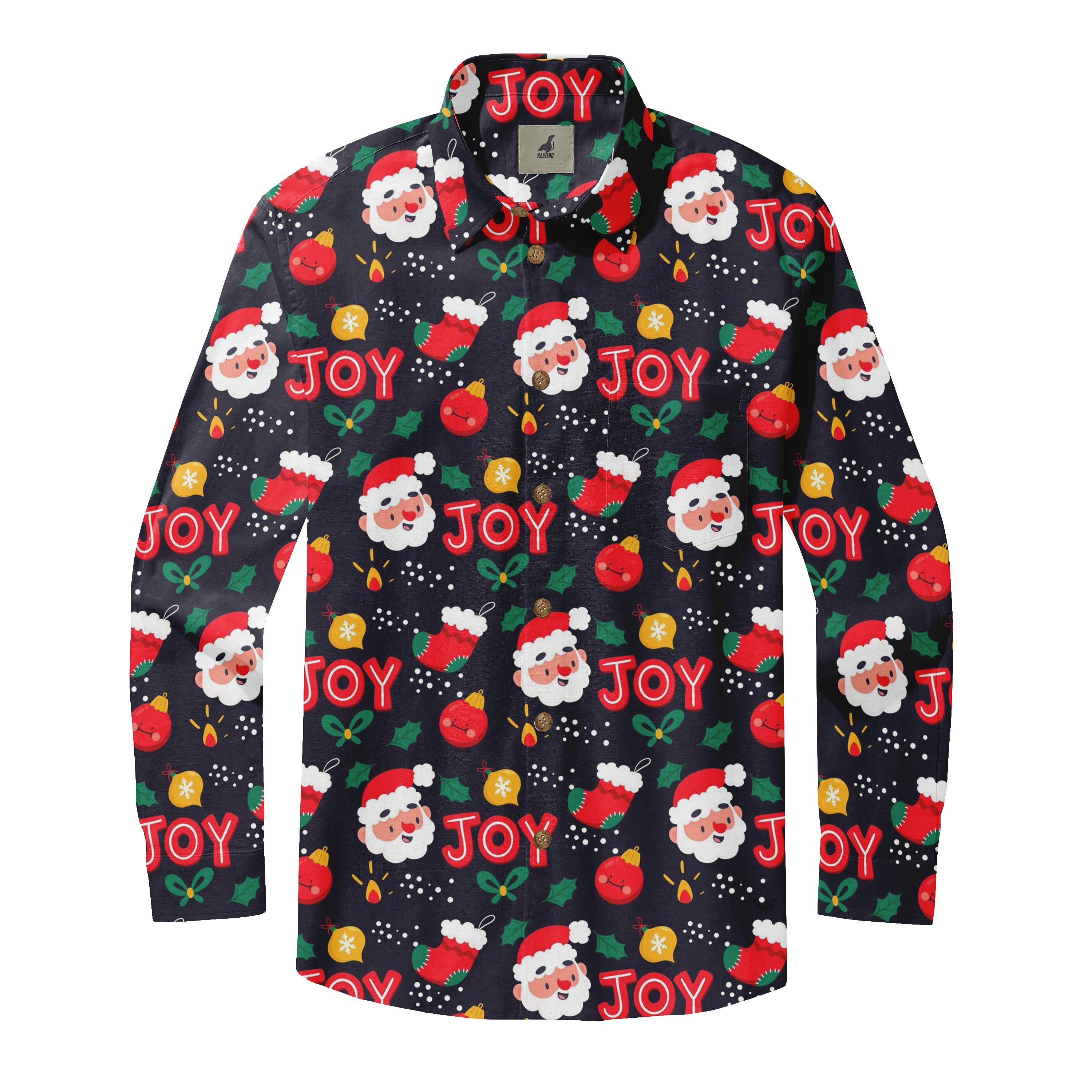 Black Christmas shirt with Santa, "JOY," ornaments, and stockings.