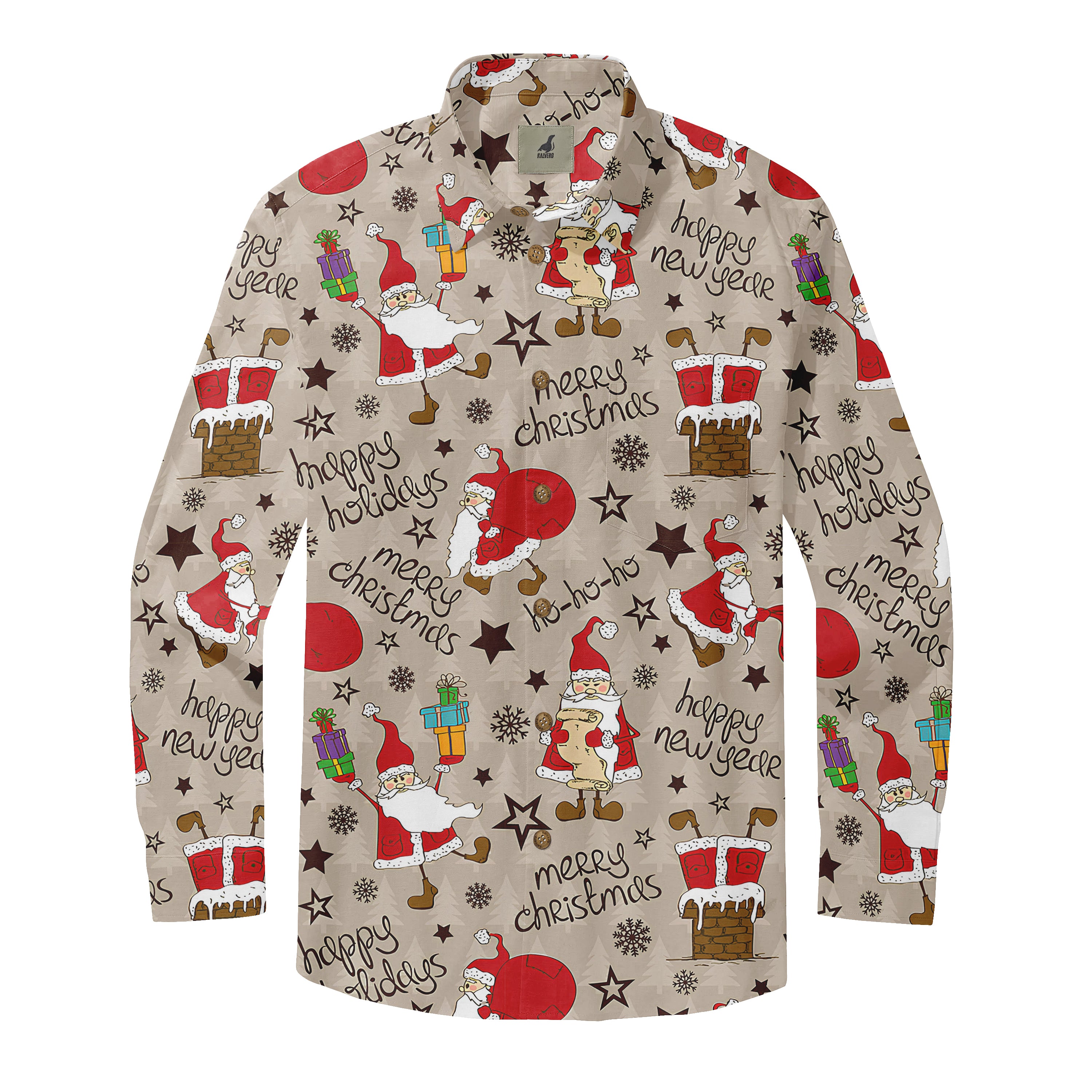 Christmas-themed shirt with Santa, gifts, snowflakes, and festive.