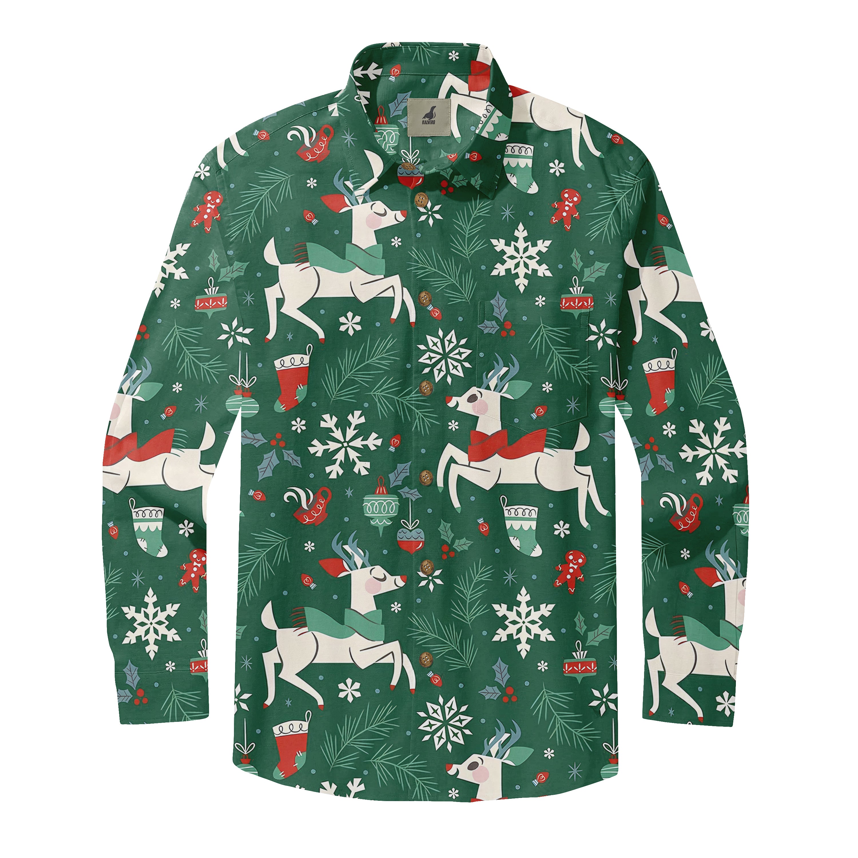 Green Christmas shirt with reindeer, snowflakes, stockings.