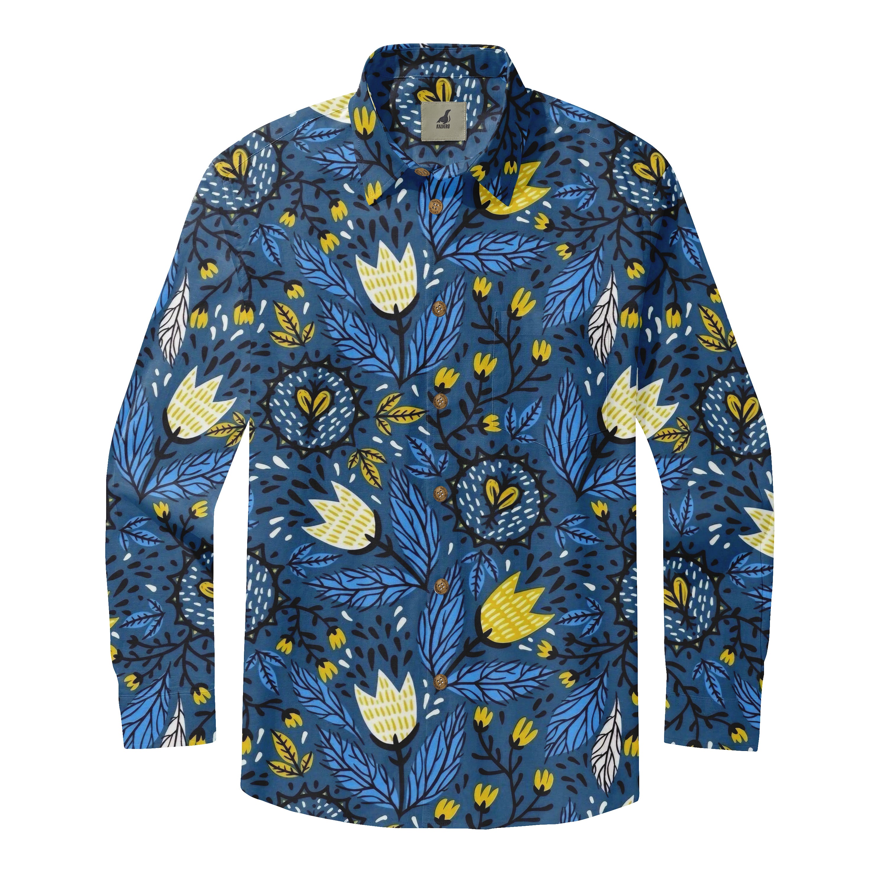 Blue long-sleeve shirt with yellow and white floral pattern.