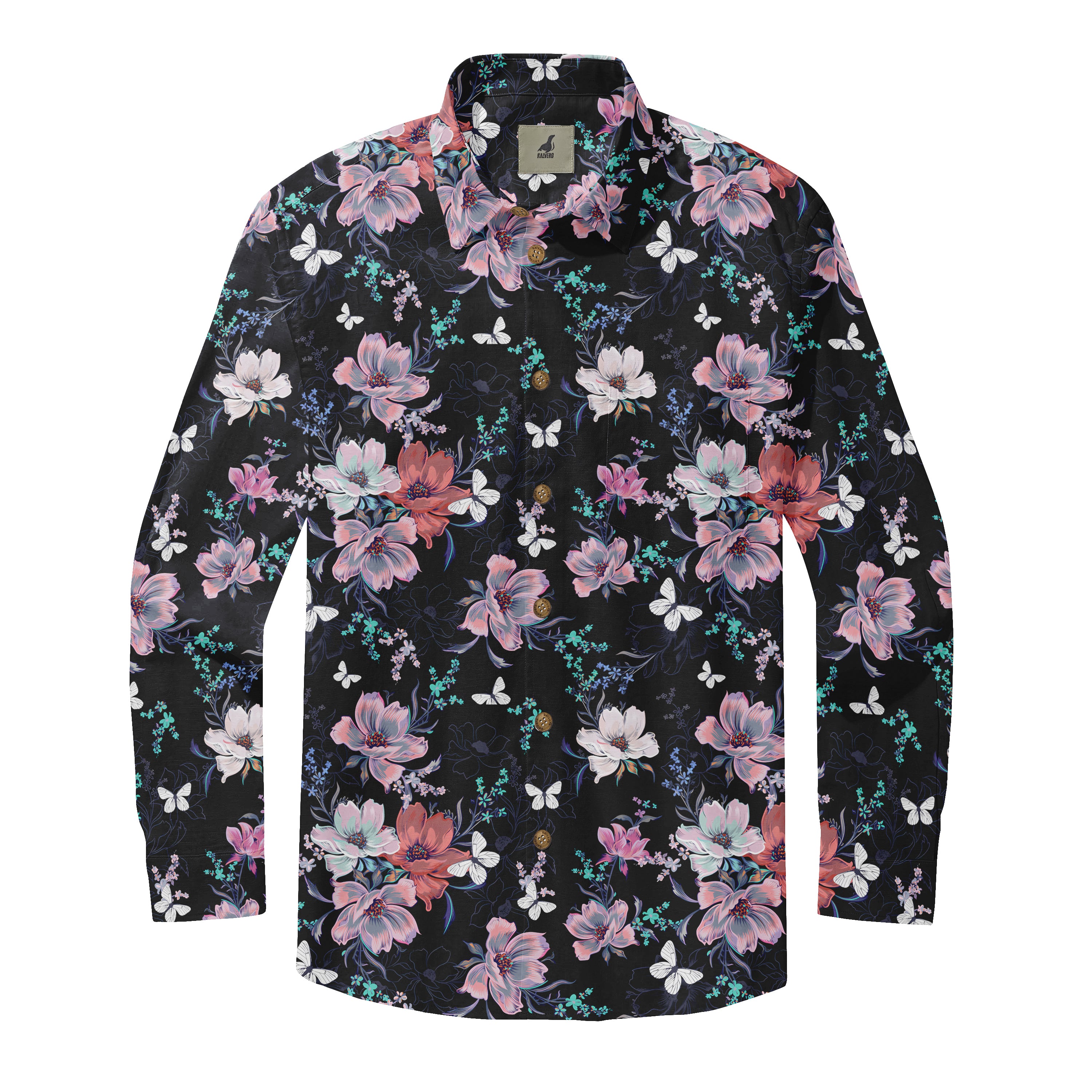 Black shirt with pink, white flowers and butterflies.