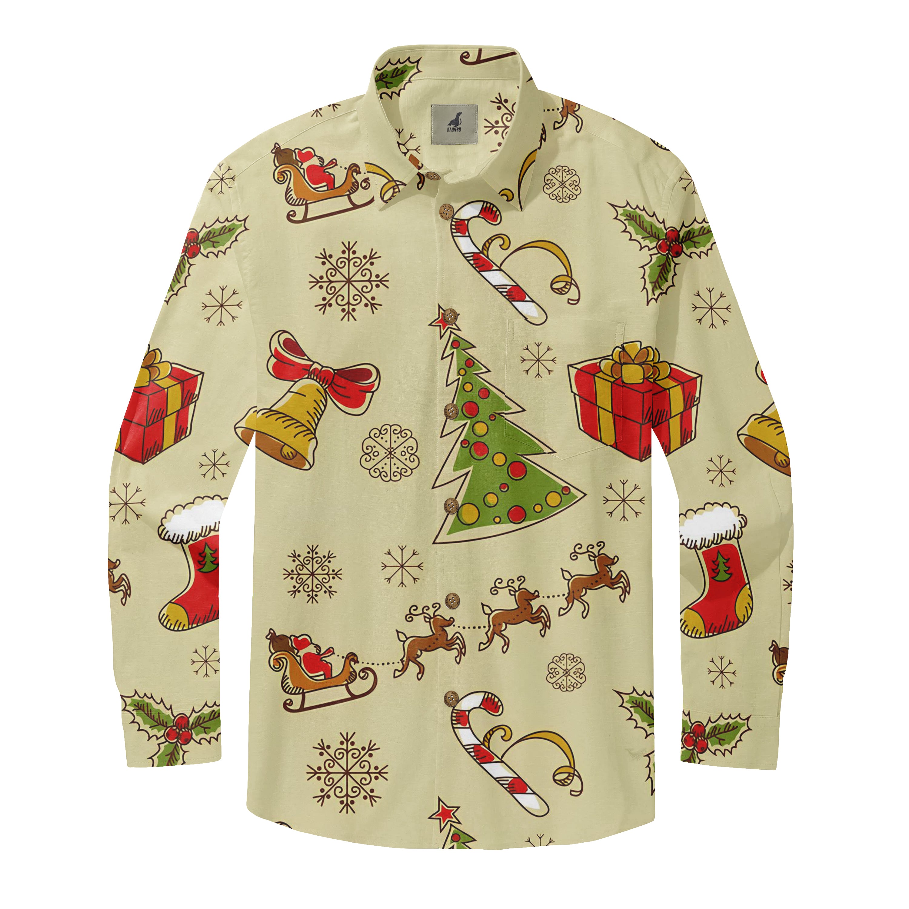 Christmas-themed long-sleeve shirt with festive patterns including.