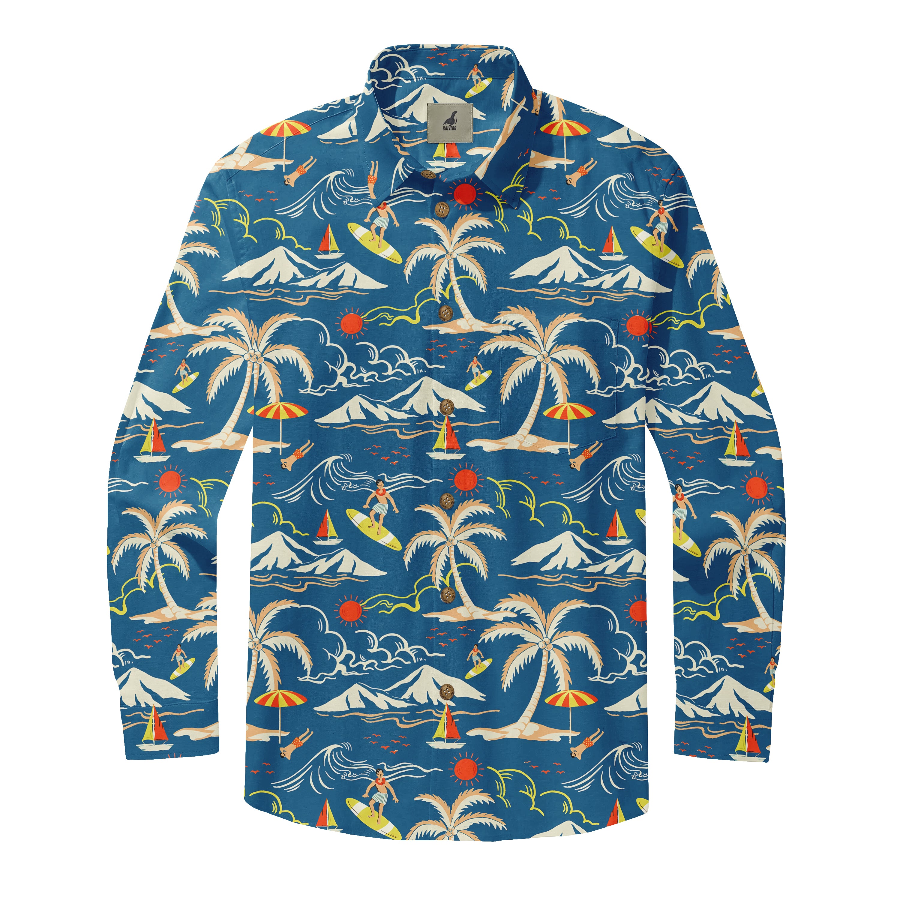 Blue long-sleeve shirt with tropical print featuring palm trees.