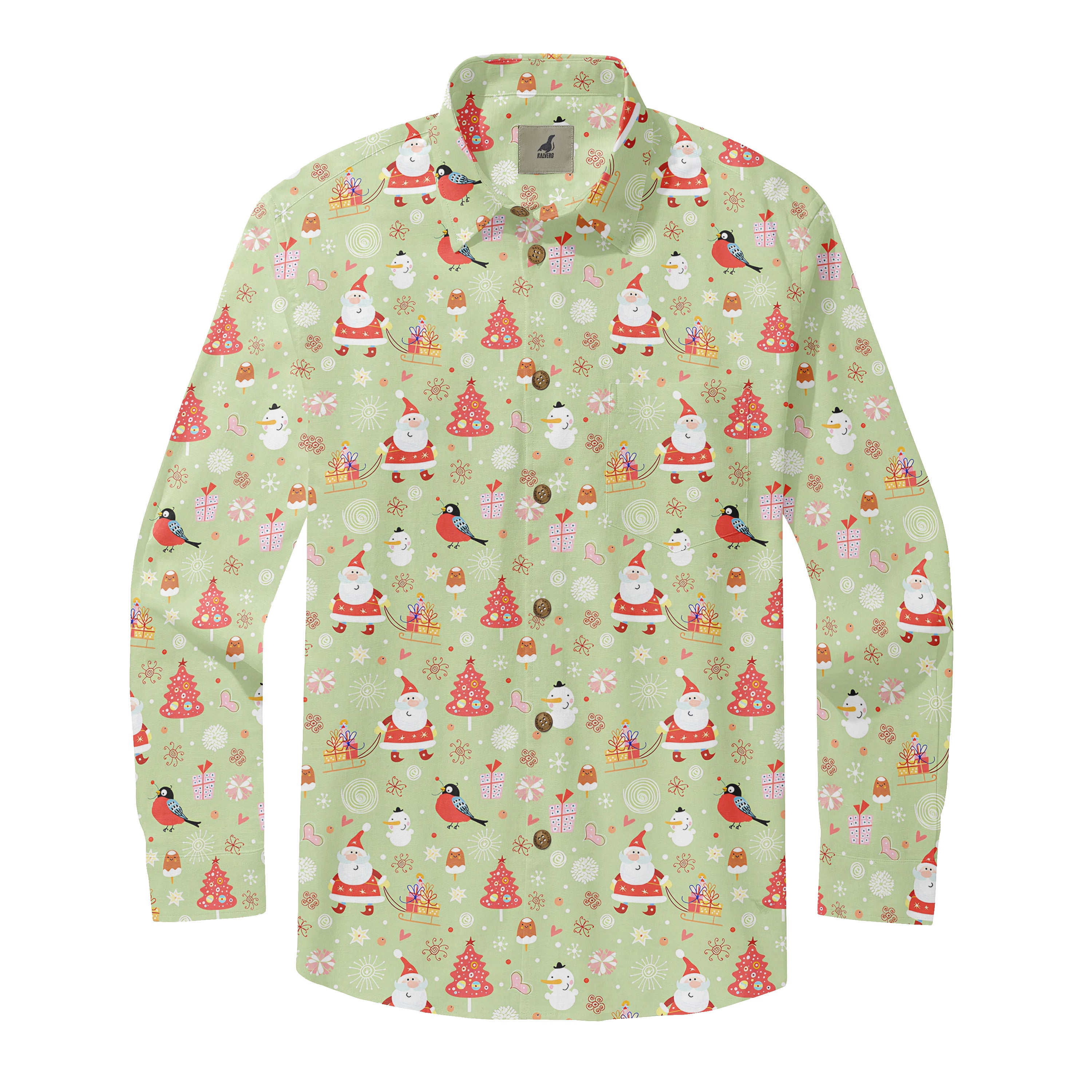 Christmas-themed shirt with Santa, snowmen, trees, and birds.