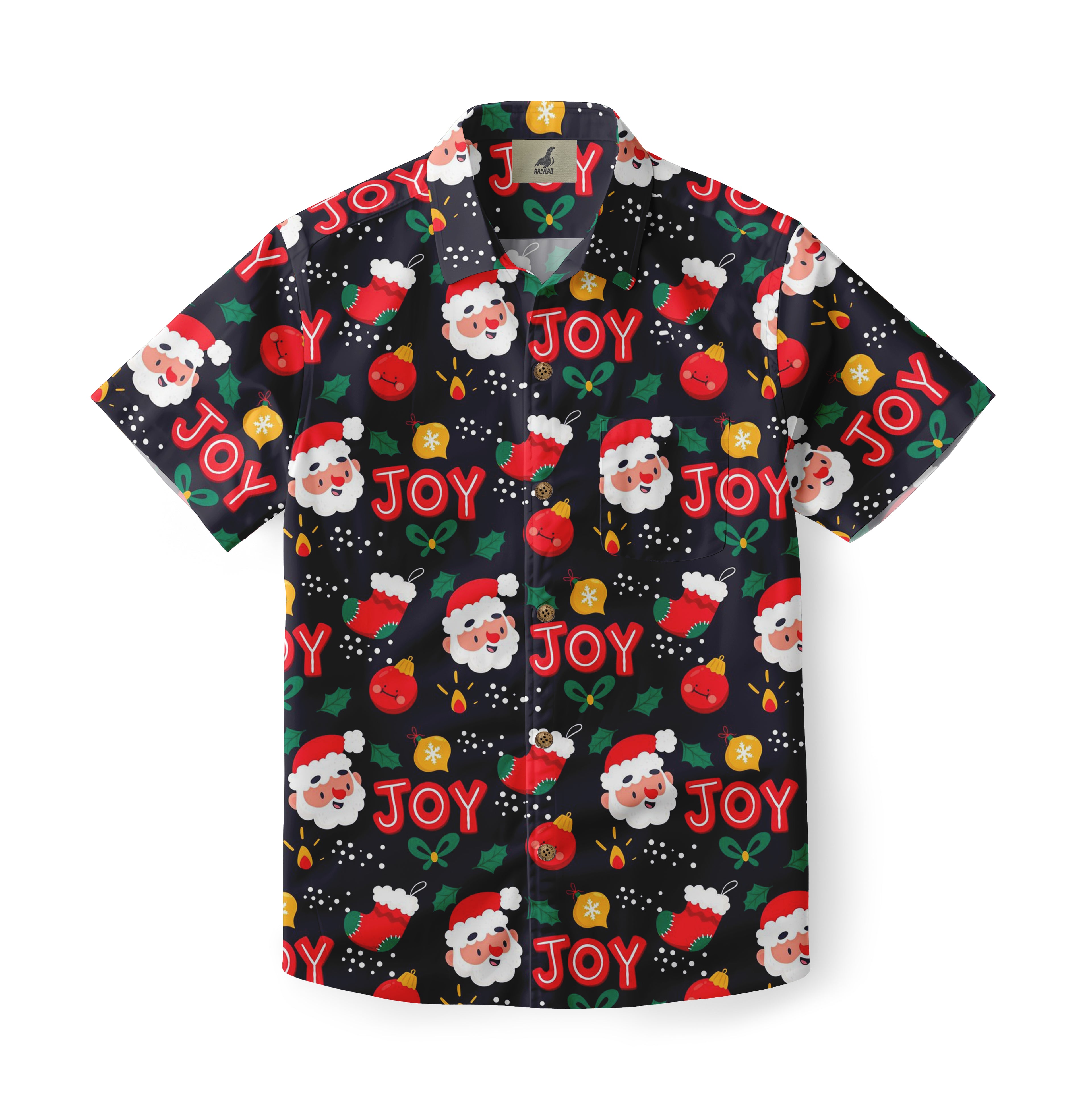 Christmas-themed black shirt with Santa, "JOY," ornaments.