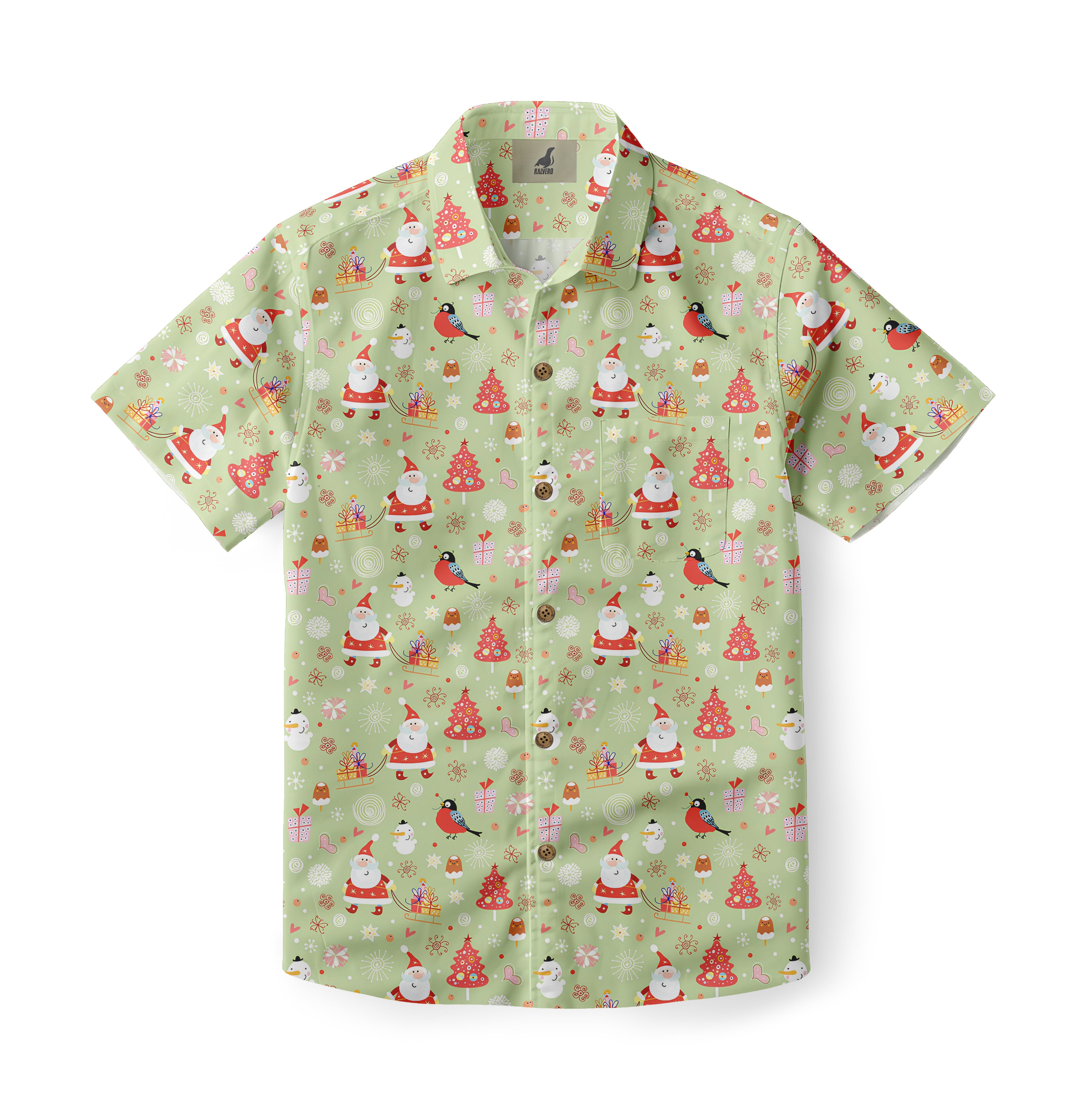 Green Christmas-themed shirt with Santa, snowmen, trees, and birds.