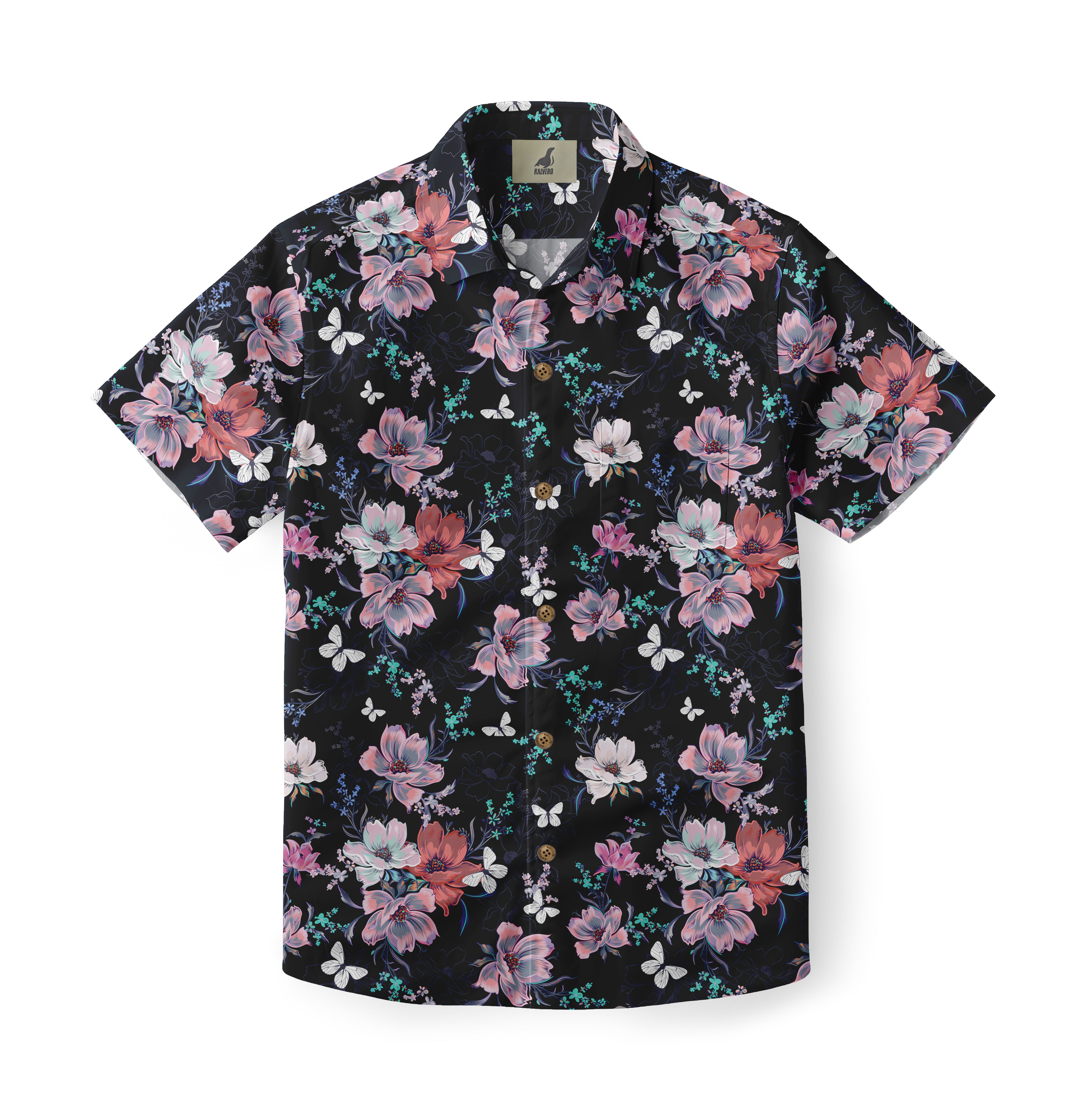 Black shirt with pink, white flowers and butterflies.