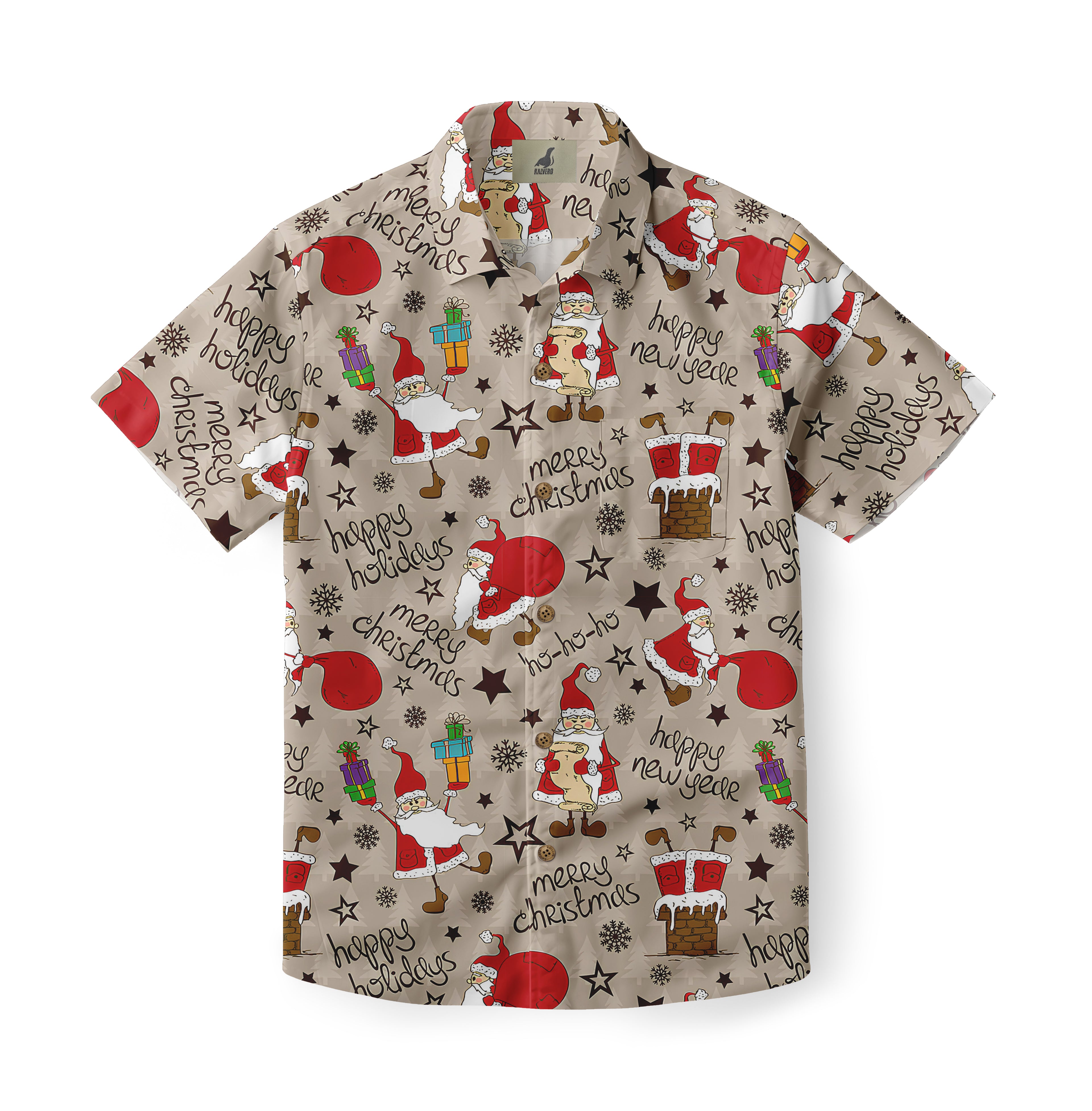 Christmas-themed Hawaiian shirt with Santa, snowflakes, and festive.